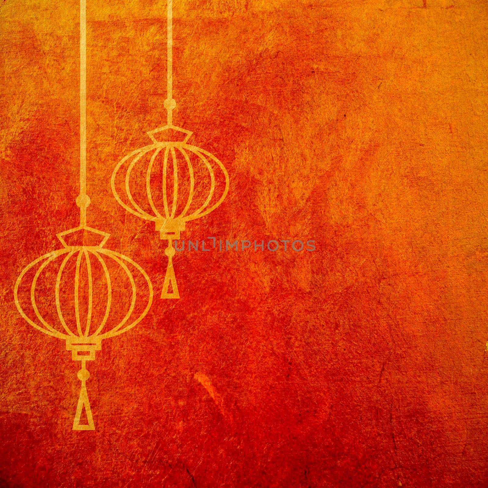 Red and gold abstract textured background with chinese lanterns. Lunar new year artistic wallpaper. Spring fesitval design element.