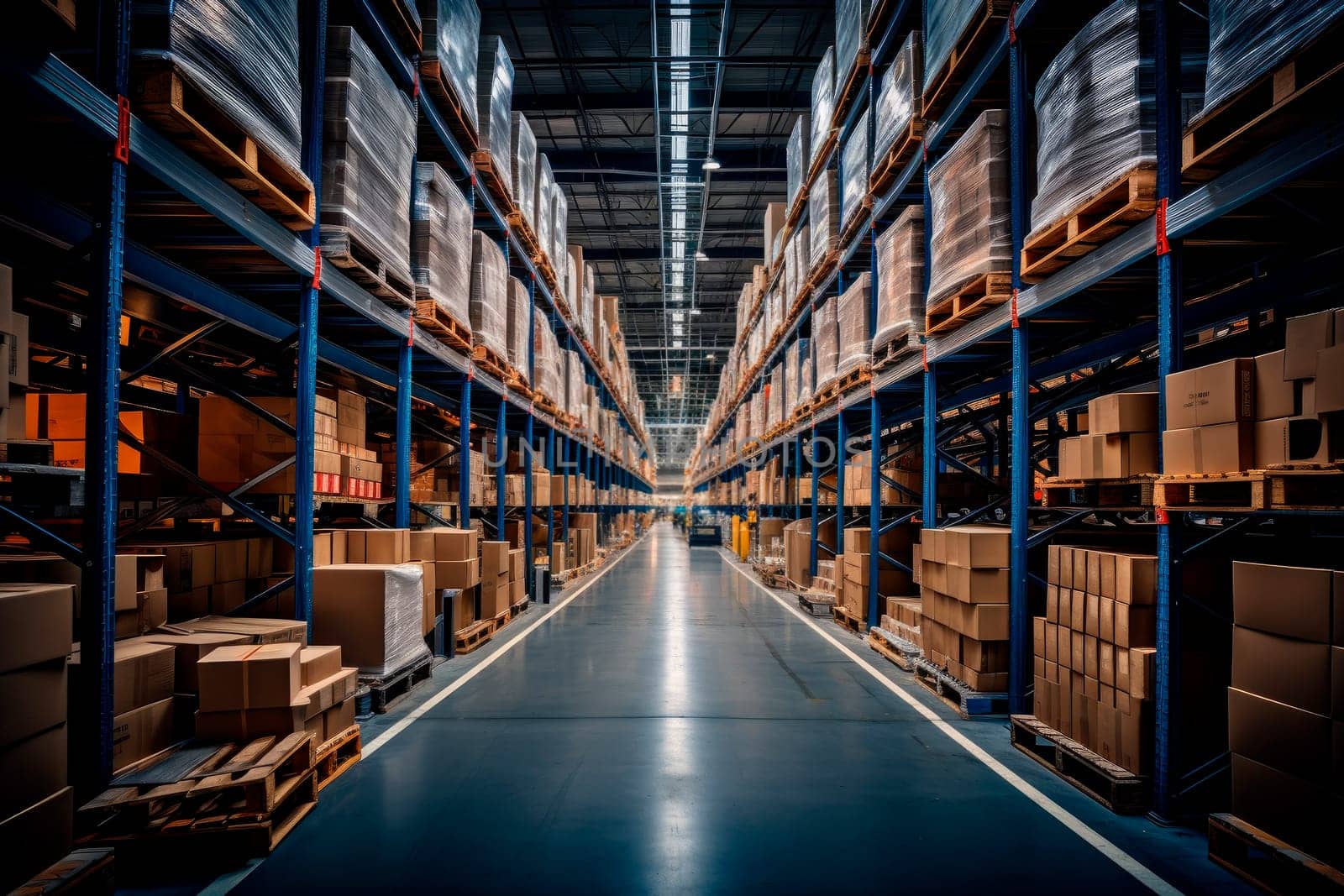 Products at the warehouse hall.A large warehouse with rows of shelves with boxes, logistics concept.Logistics center interior full of racks with large number packs.AI generated