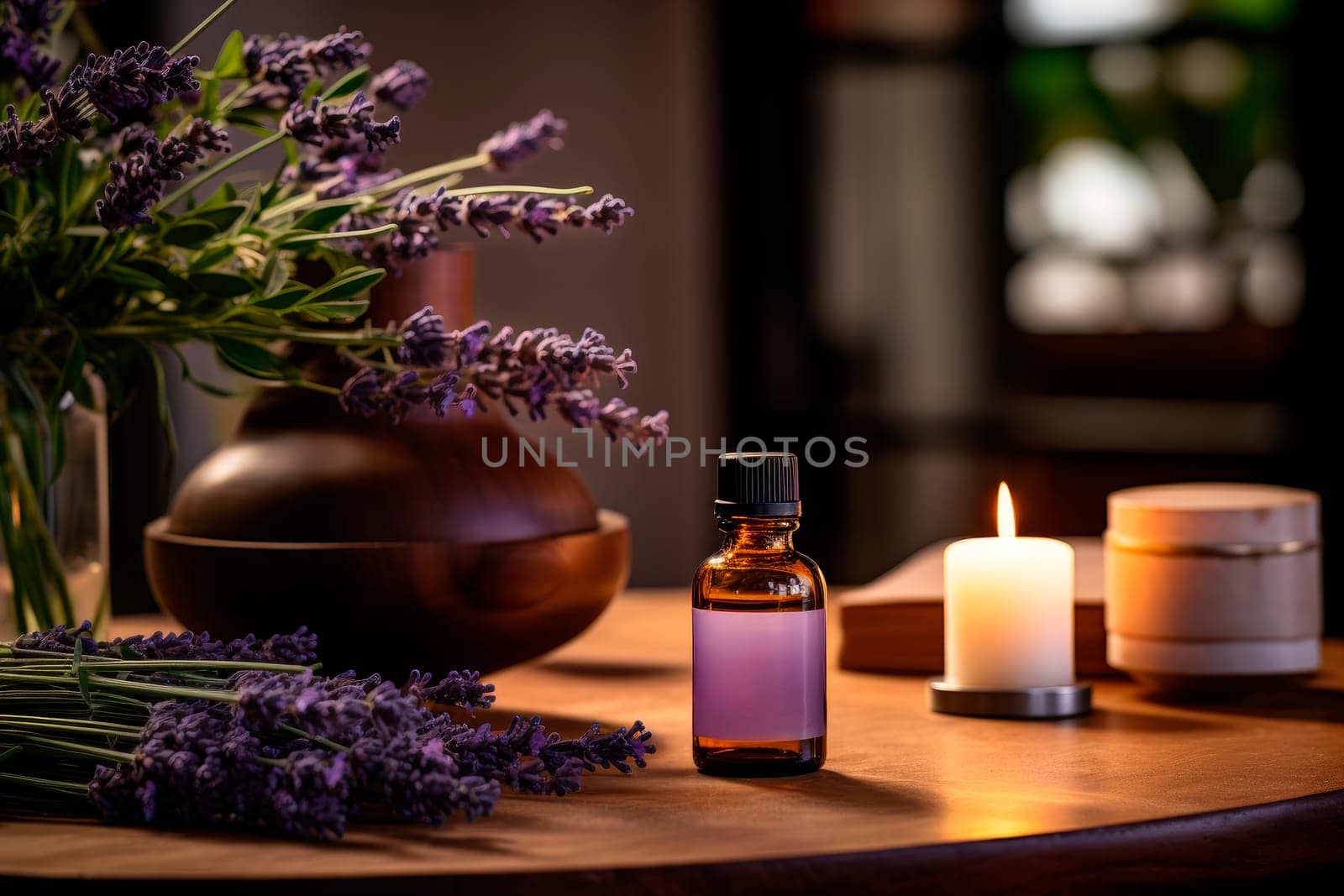A bottle of essential oil with fresh blooming lavender twigs. Oil from a Lavender flowers. AI generated