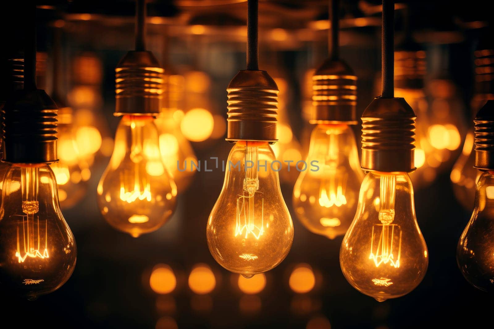Closeup group of vintage incandescent light bulbs illuminated in a dark environment. Decorative vintage design lightbulbs.Light Bulbs for Pendant Light. AI generated
