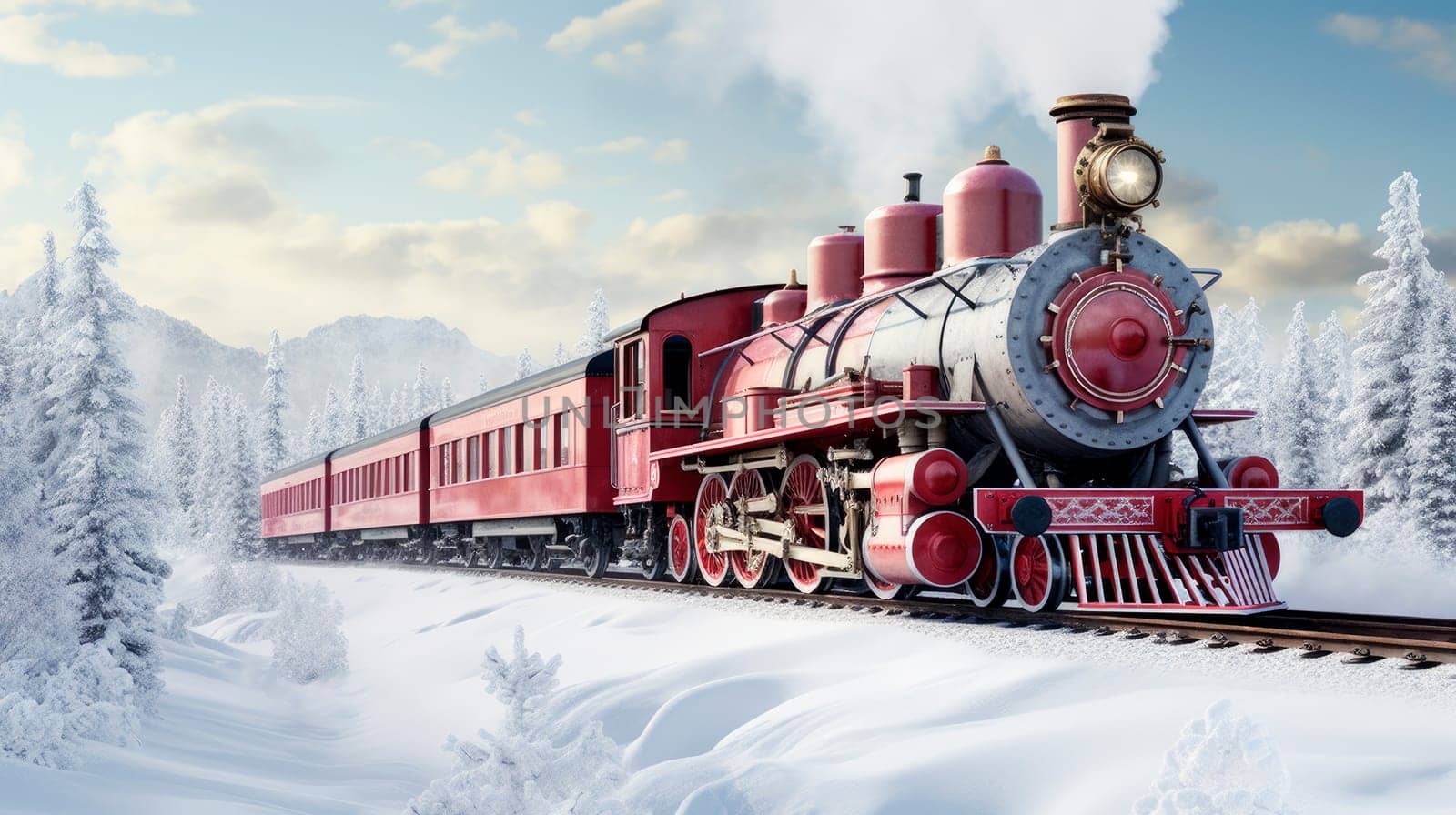 Old red steam locomotive in the winter. A vintage steam locomotive chugging through spectacular snowy landscape.AI generated