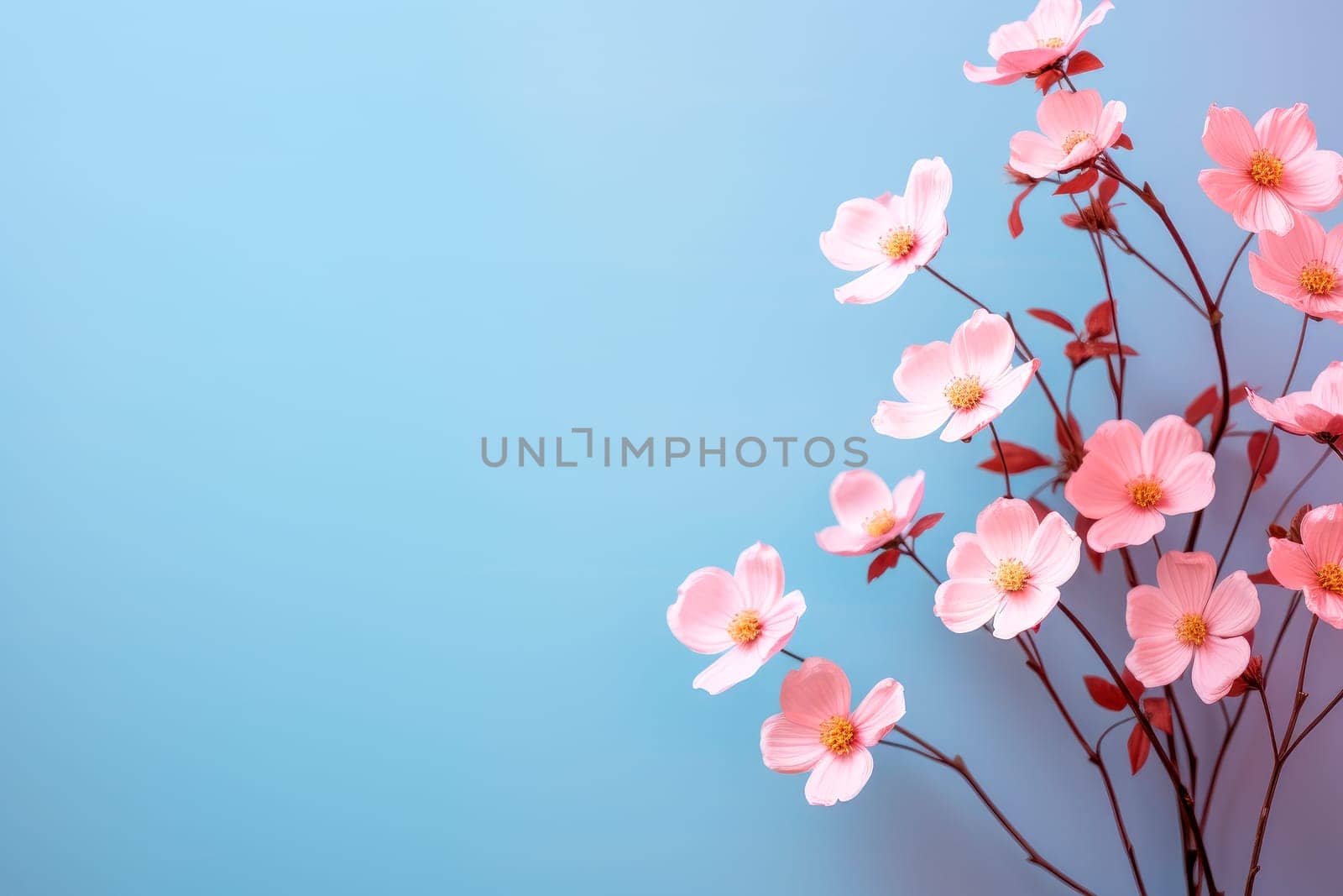 Pink stylish flowers on blue background. Copy space. AI generated