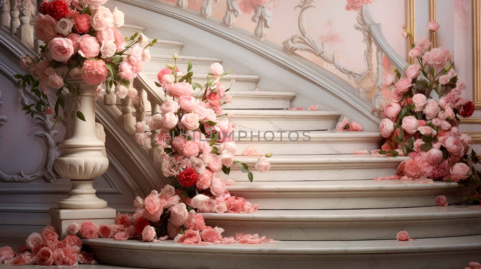 Beautiful porcelain steps leading into an elegant staircase, delicate rose flowers. Stairs adorned with roses. AI generated