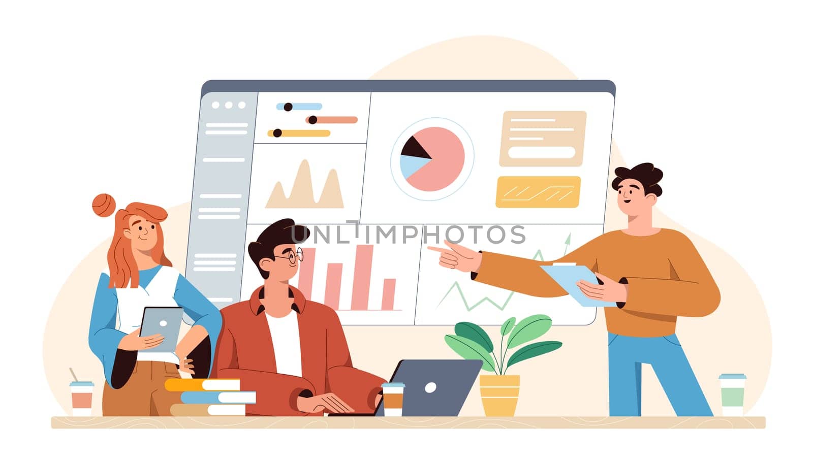 Flat business meeting or teamwork training. Employees team analyst market strategy for problem solving and company growth. Brainstorming or consulting concept. Staff people improve professional skill.
