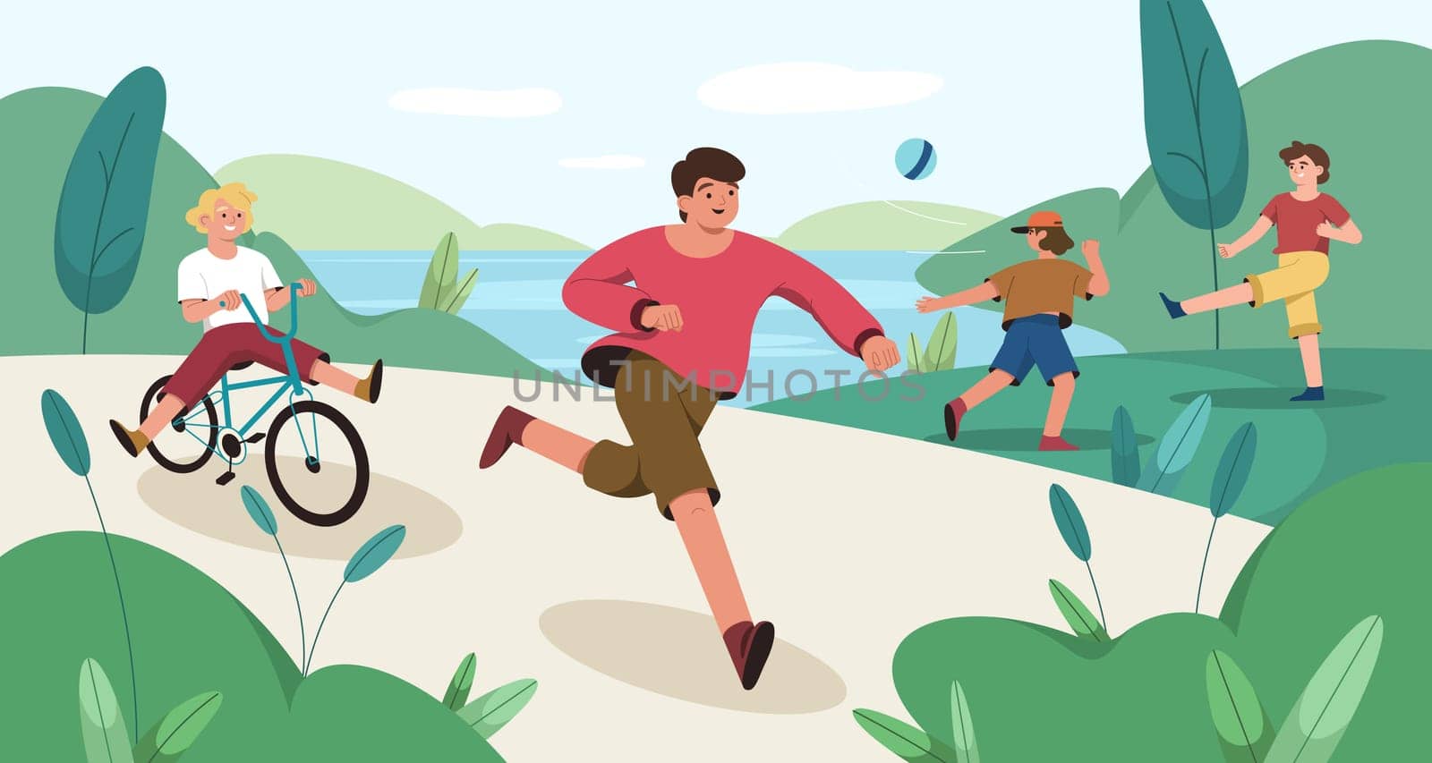 Happy children play in public park. Kids riding a bicycle and running. Fun boys playing ball on green grass lawn near lake. Run, leisure games and sports activities at weekend. Friends on outside walk