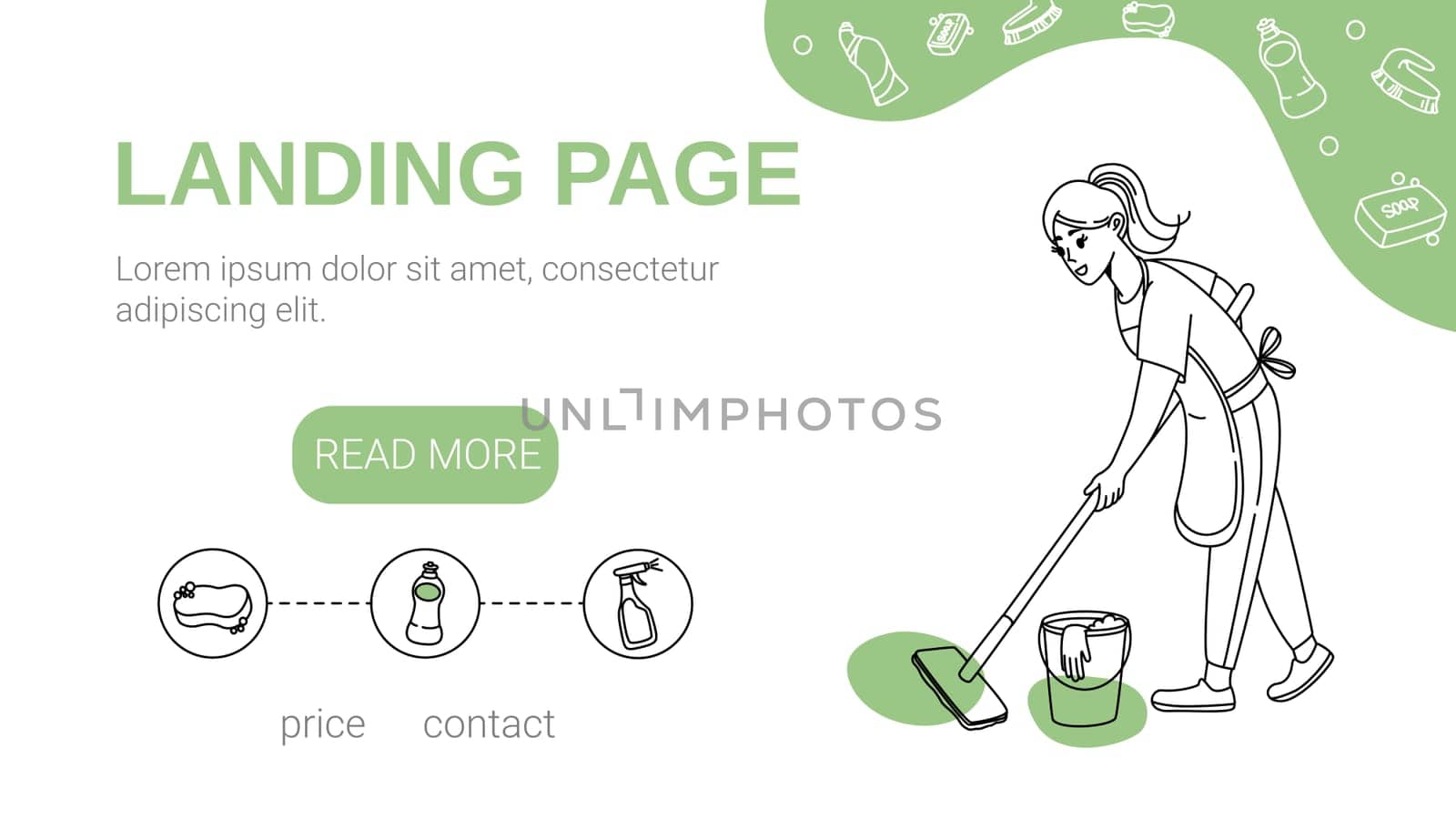 Cleaning service vector landing page with hand drawn illustration of professional eco friendly products and household worker with mop, bucket. Woman in uniform clean house with liquid detergents.