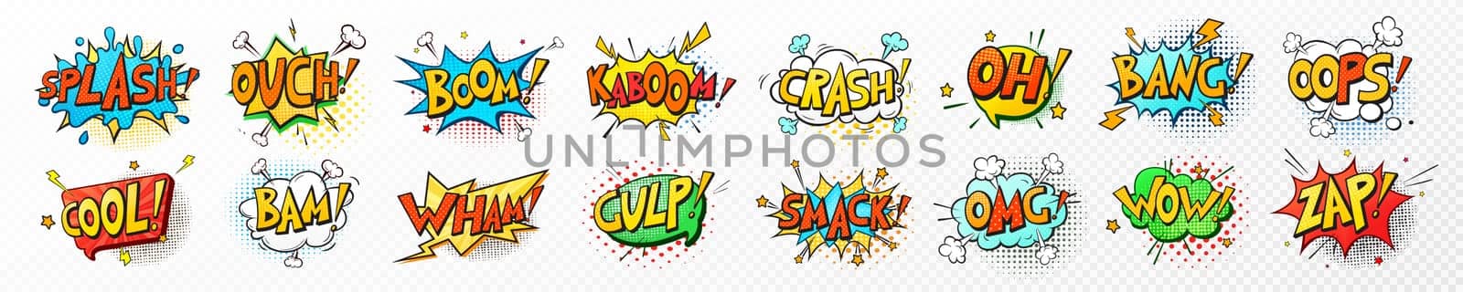 Vector set comic speech bubbles, book sound effects. Pop art messages different shapes, emotions. Comics font label tag expression, fun book balloon. Cartoon explosion cloud phrase on white background