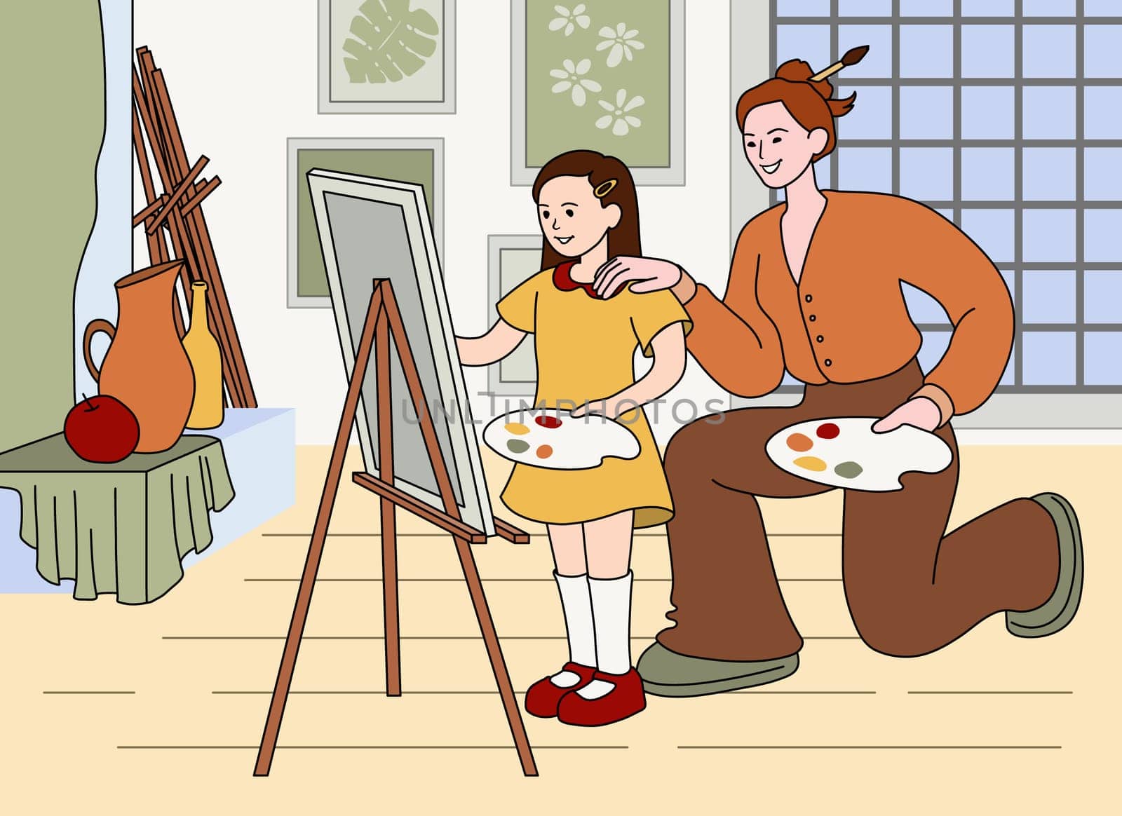 Girl artist drawing on canvas with watercolors and brush in art education class. Child studying painting with teacher support. Student with easel draw, practice artistic skill flat vector illustration