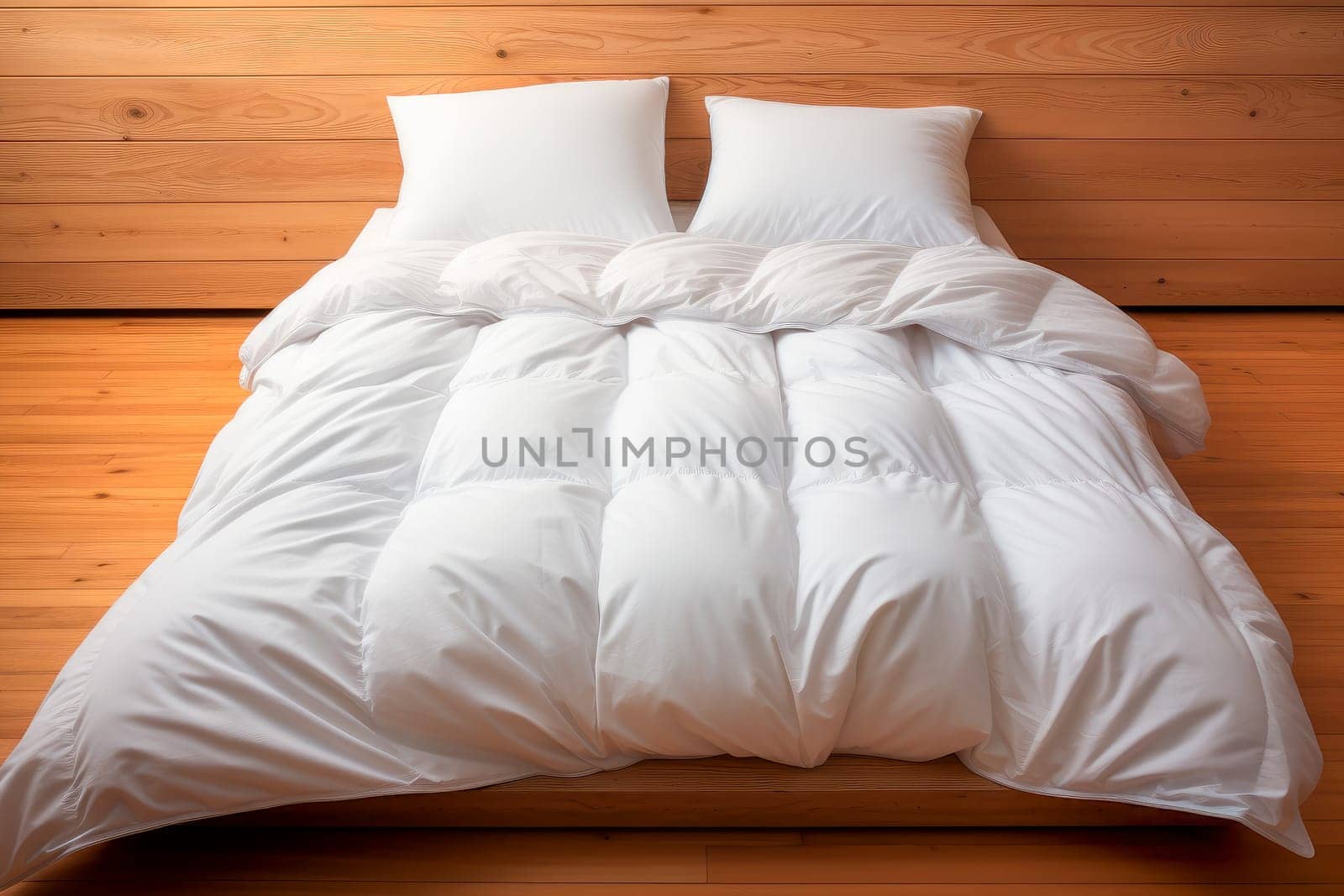 The wood bed with white bedding. Empty double bed covered with all white duvets and pillows. AI generated