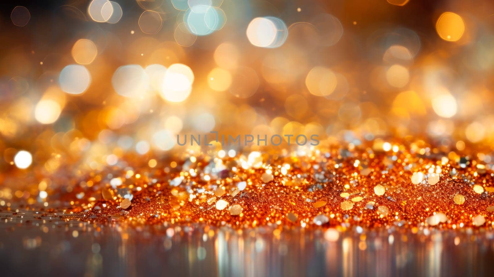 Golden glitter, beautiful bokeh, background texture. Blurred golden background glitter lights.Gold abstract bokeh background. AI generated