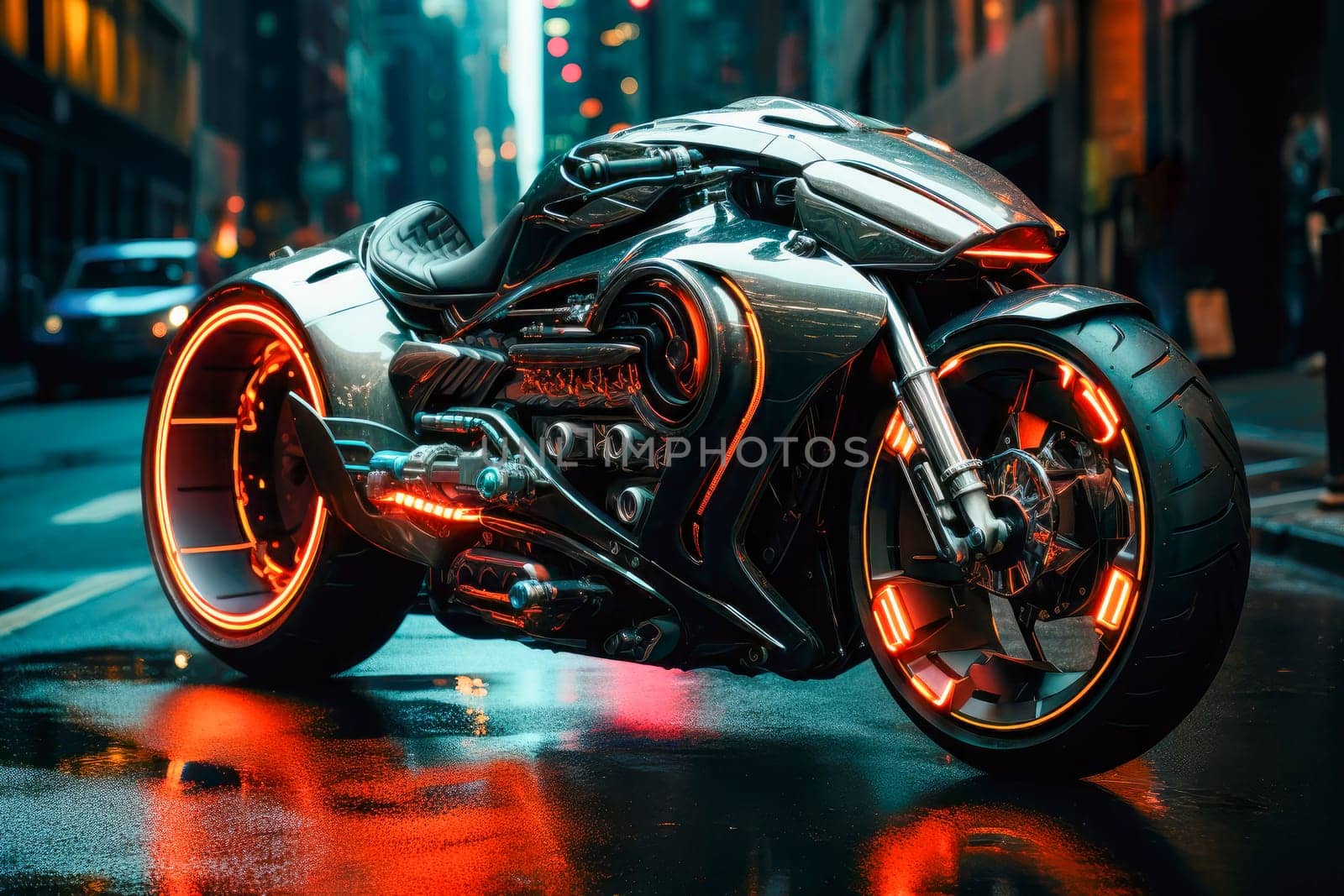 An electrified futuristic motorcycle parked on a city center, surrounded by neon signs and lights. Futuristic unreal electric motorbike. AI generated
