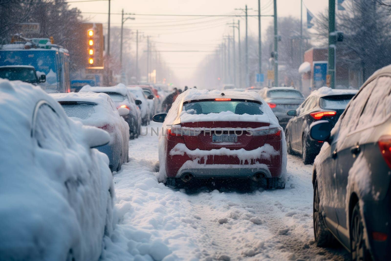 Traffic jam caused by heavy snowfall. Cars have to slow down when the winter weather turns nasty.AI generated