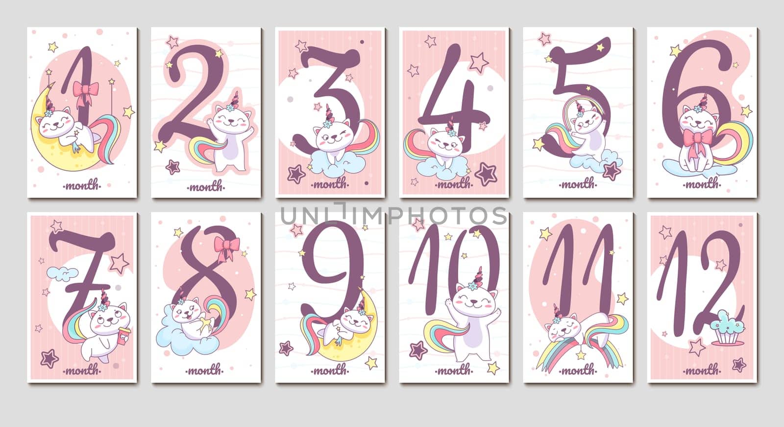 Flat collection of baby monthly milestone cards with cute unicorn cat and numbers in pink color. Birthday month stickers for newborn kids girl with funny caticorn on cloud, rainbow and moon.