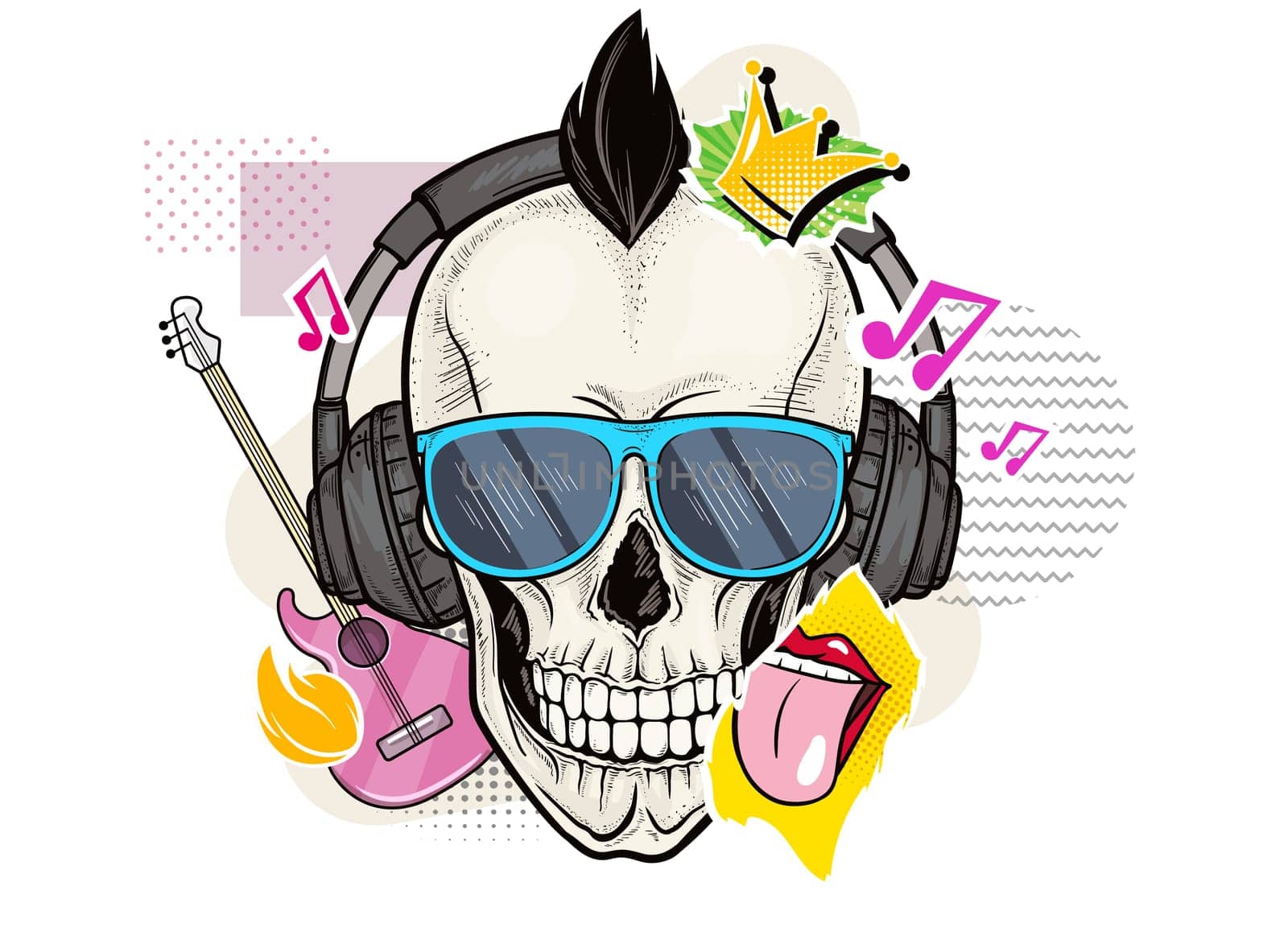 Human gothic skull with sunglasses, headphones and rock music symbol stickers. Pop art vector hipster skeleton head with guitar, tongue and crown collage elements on white background.