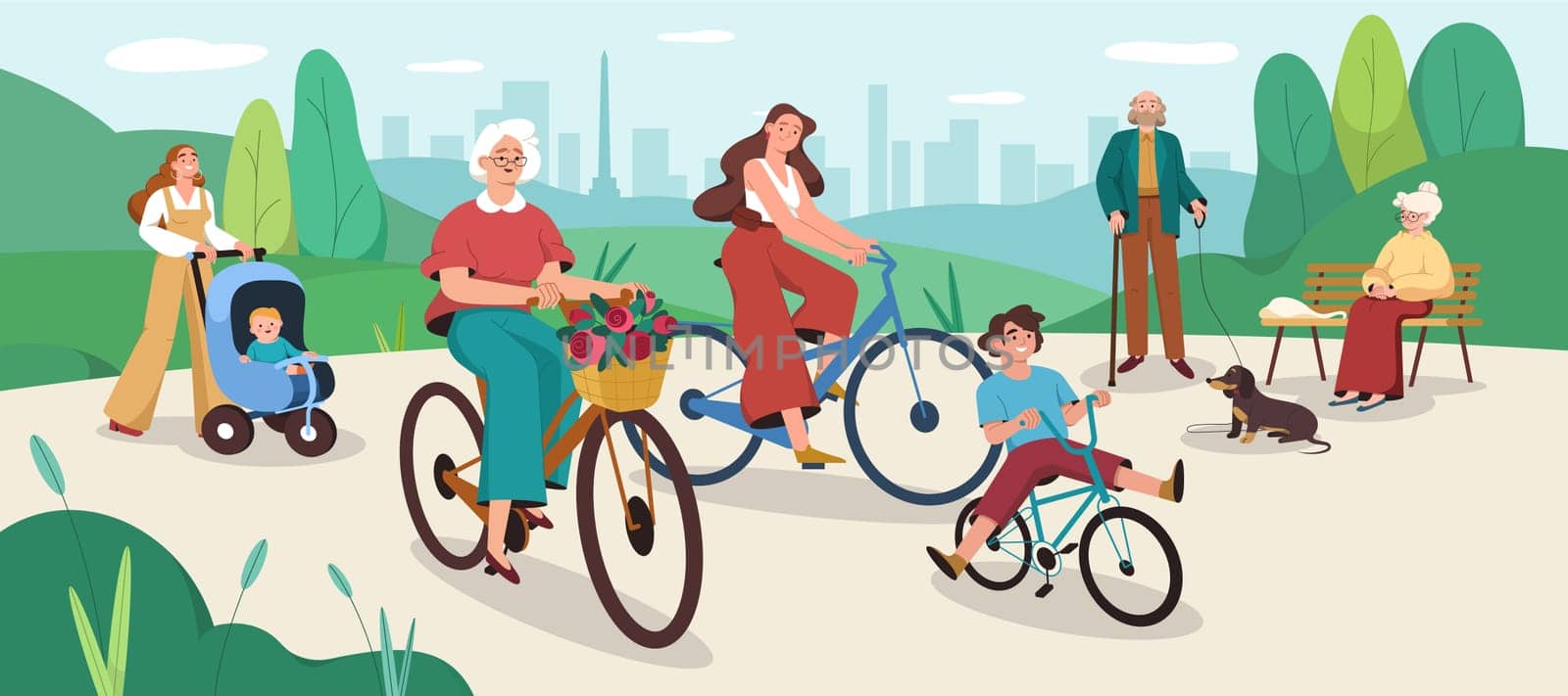 Flat people walk in public park. Happy family ride a bicycle. Old woman sitting on a bench. Grandfather with dog. Mother walking with baby stroller, kid cycling. Leisure outdoor activity, recreation.