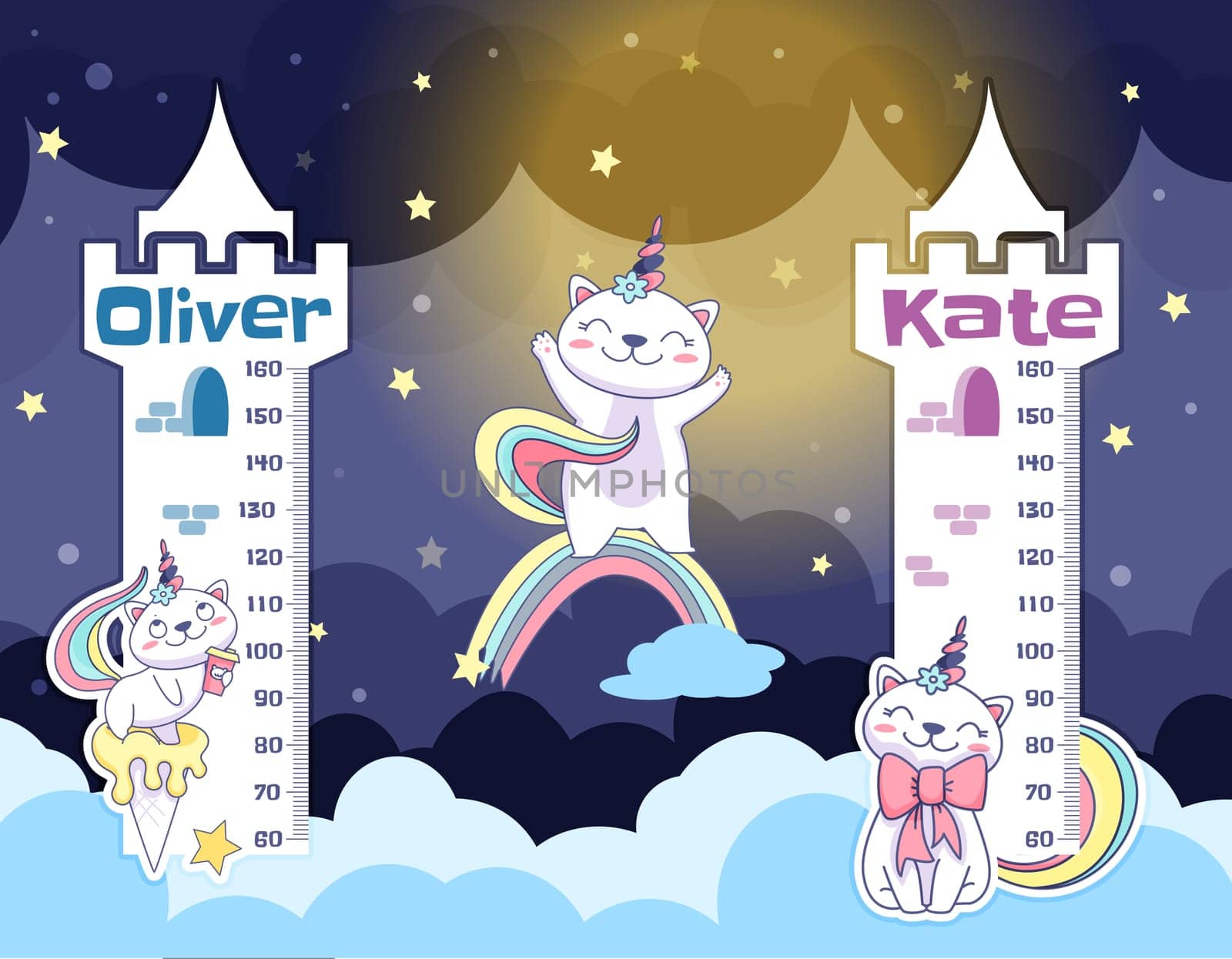 Flat kids height chart with cute caticorn. Child growth wall meter with unicorn cat, happy kitty on sky clouds and rainbow. Measuring ruler children, growth scale for kindergarten or nursery design.