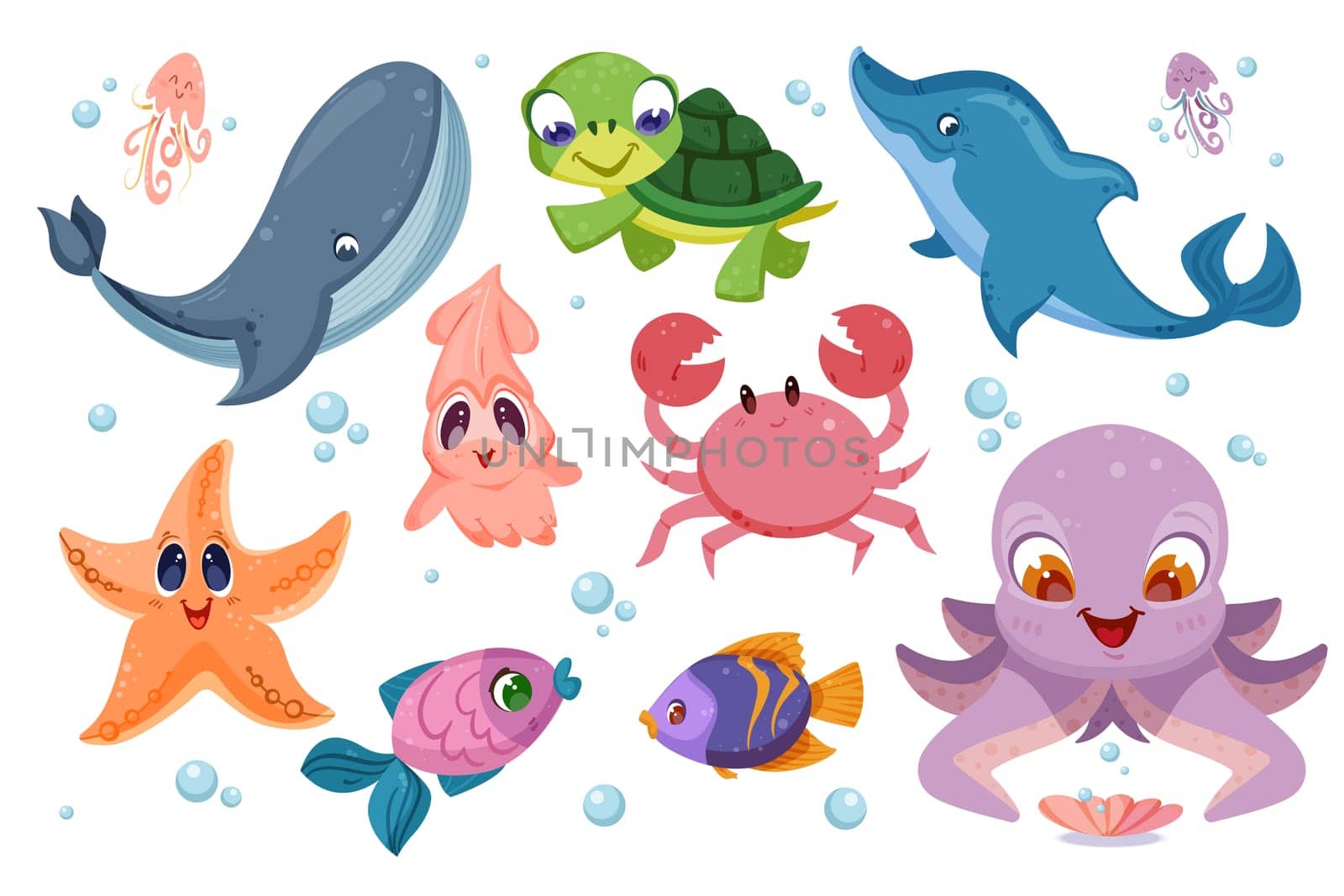 Cute sea animals and different fish. Underwater ocean life with funny characters of octopus, turtle, starfish, squid and crab. Happy whale and dolphin. Aquatic creatures set flat vector illustration.