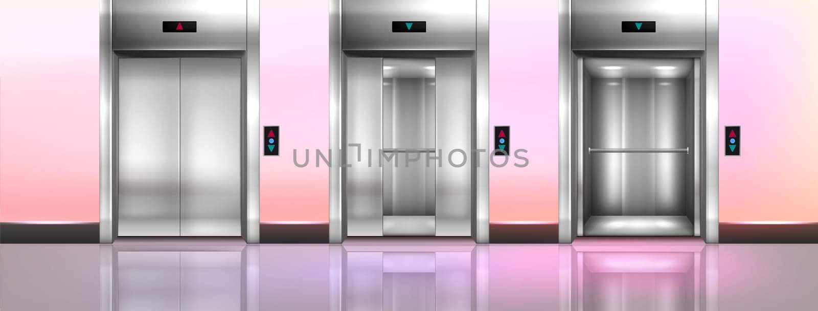 Modern passenger elevator with button panel on wall and glossy floor. Office hallway, empty lobby interior with lift with open, half closed and close metallic cabin doors realistic vector illustration