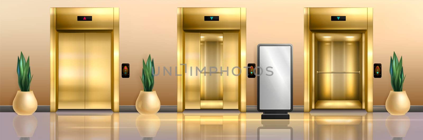 Golden elevators in waiting area with half closed, open and closed cabin doors. Office hallway, hotel lobby interior with gold lift, button panel, plants and floor led poster display for advertising.
