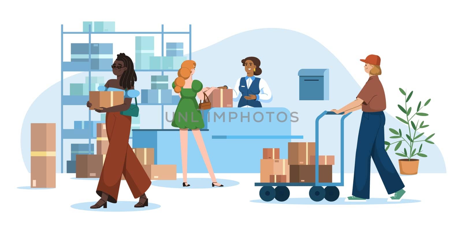 Post office with people. Mail delivery service. Woman giving letters or parcels to customers. Postman worker or courier delivering cardboard boxes on trolley. Postal services flat vector illustration.