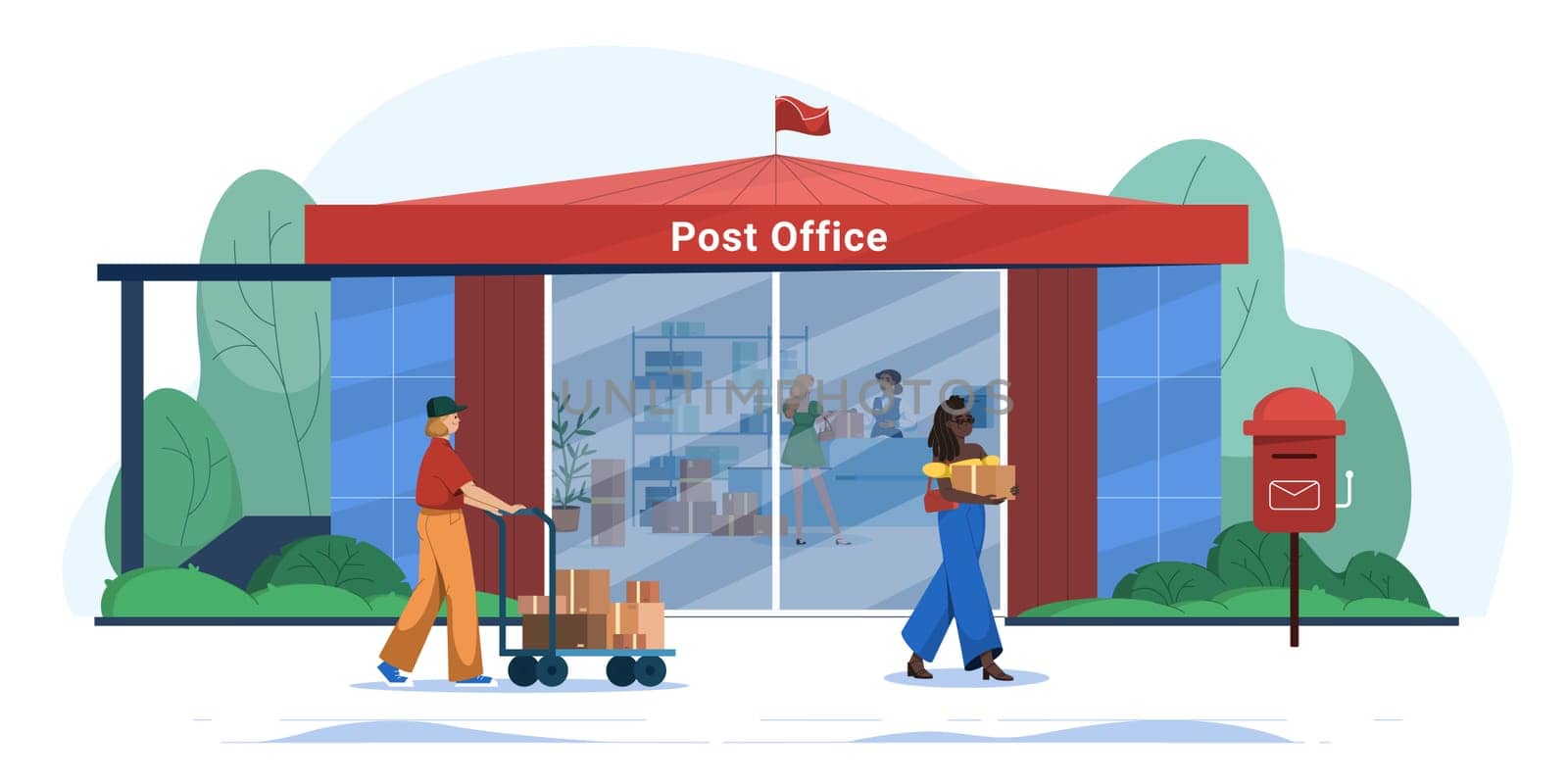 Flat post office building with customers. Mail delivery services. Postal worker at reception desk giving parcel and postman woman delivering cardboard boxes on trolley. People send letters or parcels.
