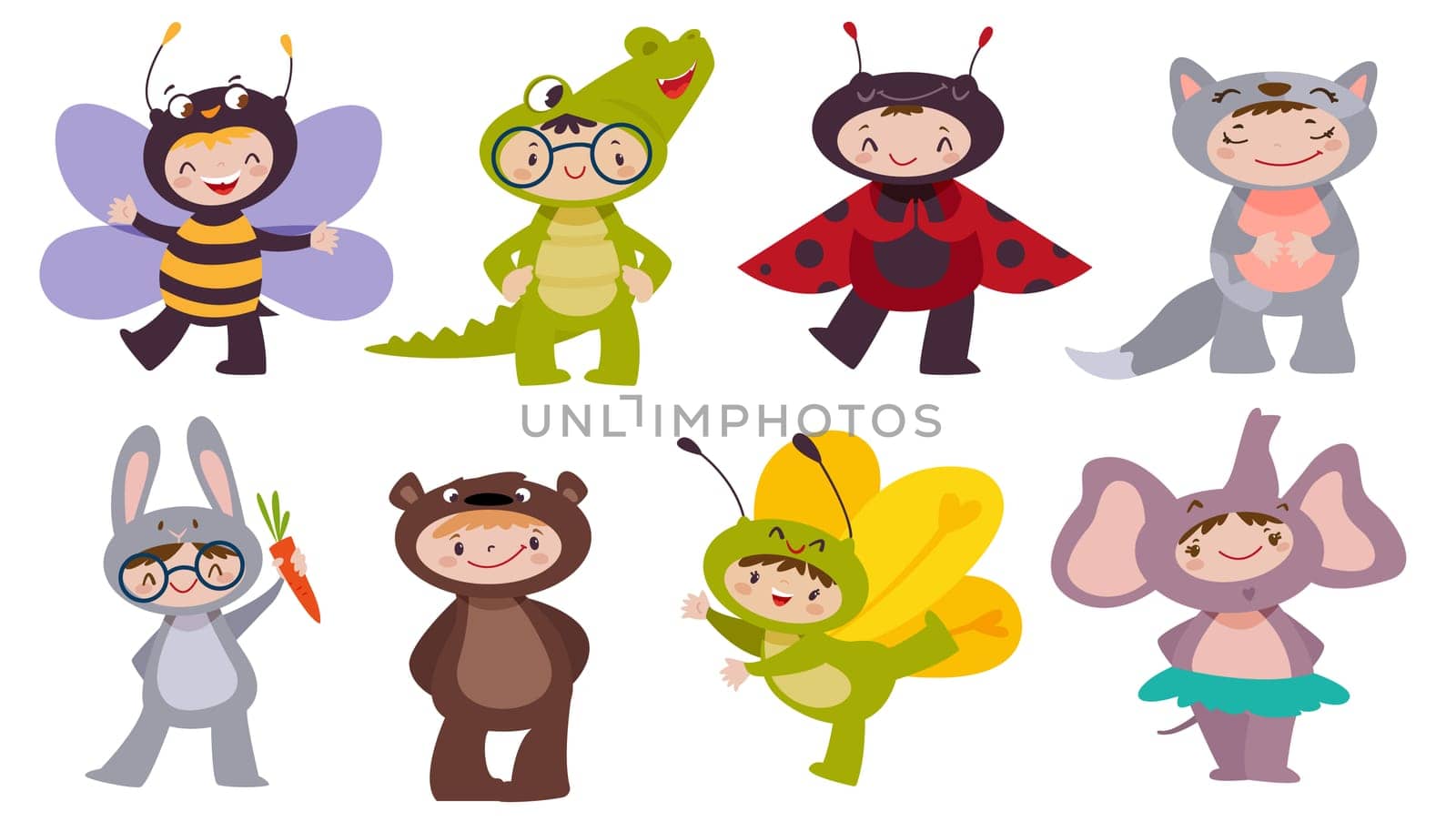 Flat funny children wearing carnival animal costumes. Cute kids characters on fun party smiling, dancing. Set of happy childs in bee, bear, cat, rabbit, elephant, crocodile and insect costume dress.