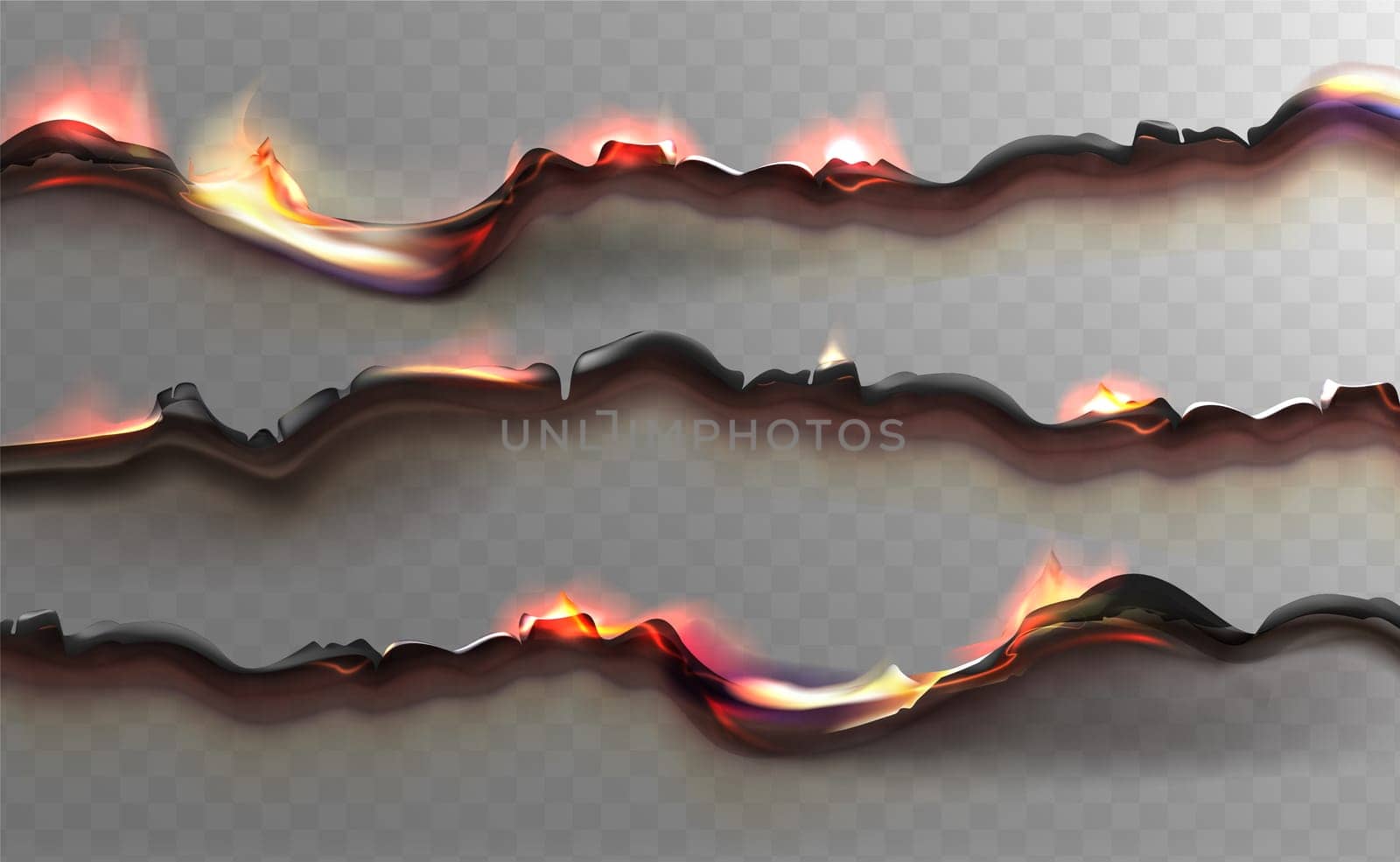 Charred paper page with burnt uneven edges 3d vector realistic. Burn ripped sheets in flame isolated on transparent background. Burned torn borders or frame with fire and black ash.