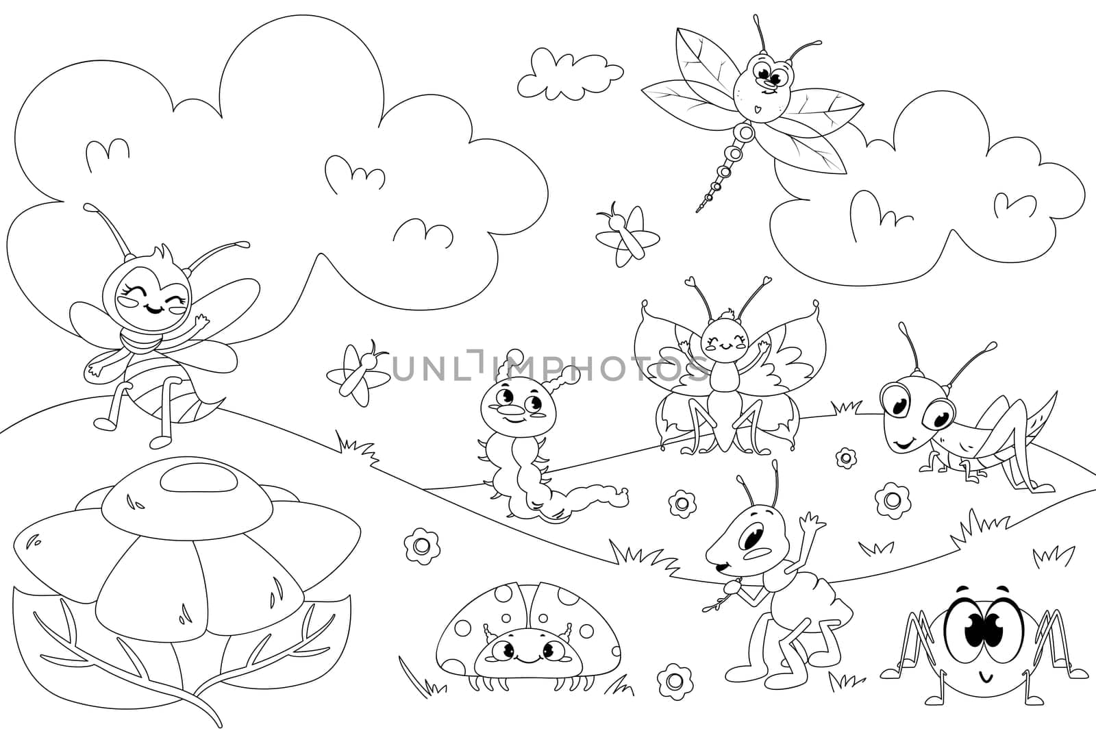 Cartoon coloring book page for kids. Black outline vector illustration for children with flowers, cute caterpillar, grasshopper, bee, butterfly and happy ladybug on white background.