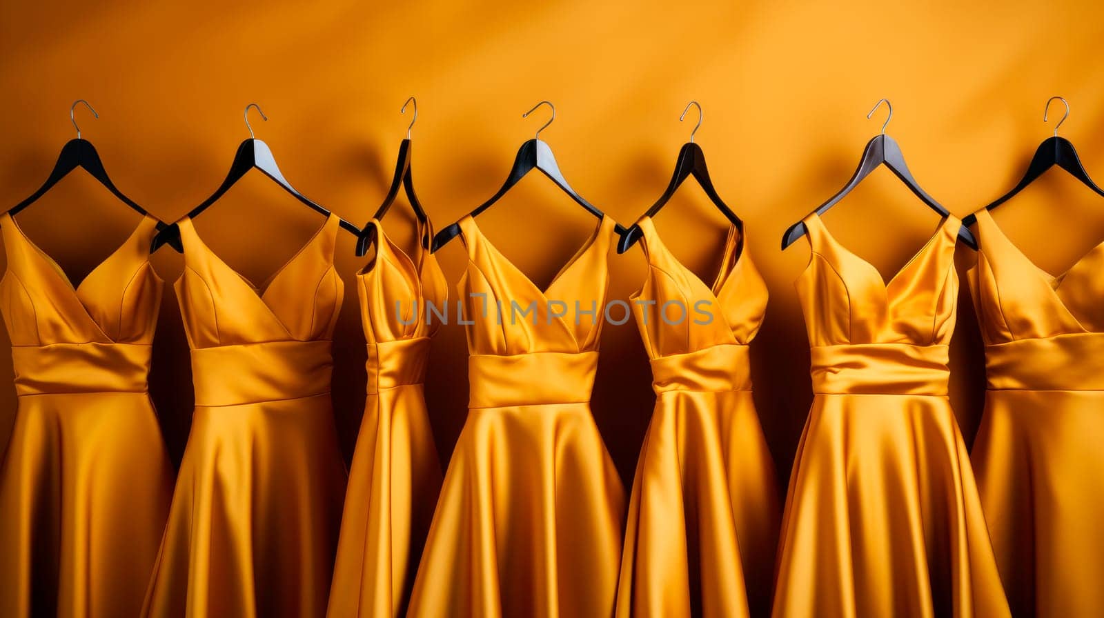 A evening dresses in golden mustard color for special occasions. A glamorous dresses with a deep neckline hanging on a hangers in a store.AI generated