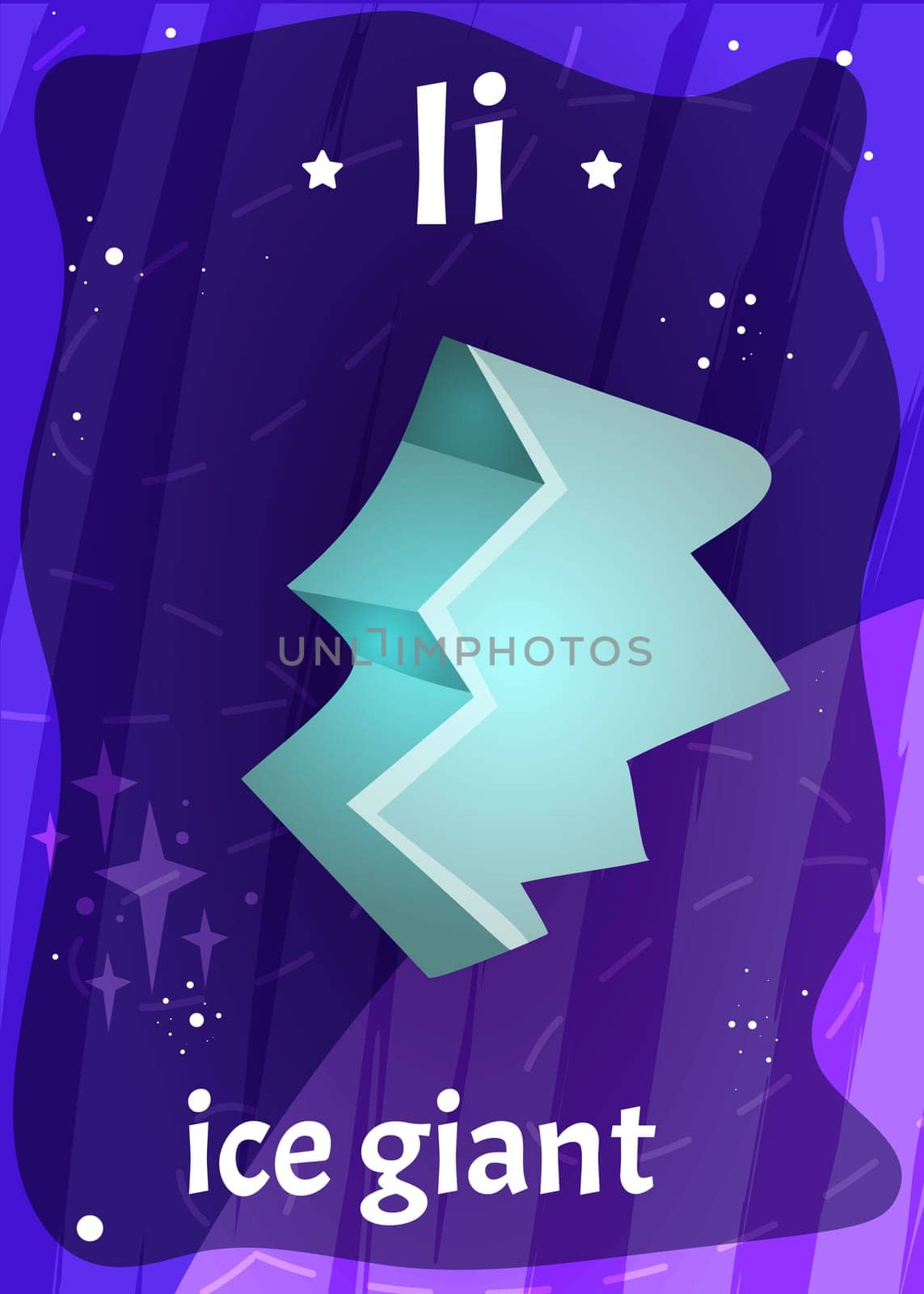 Printable space alphabet flashcard with letter I. Cartoon ice giant and english word on flash card for children education. Kid cards for teaching reading in kindergarten or elementary school.