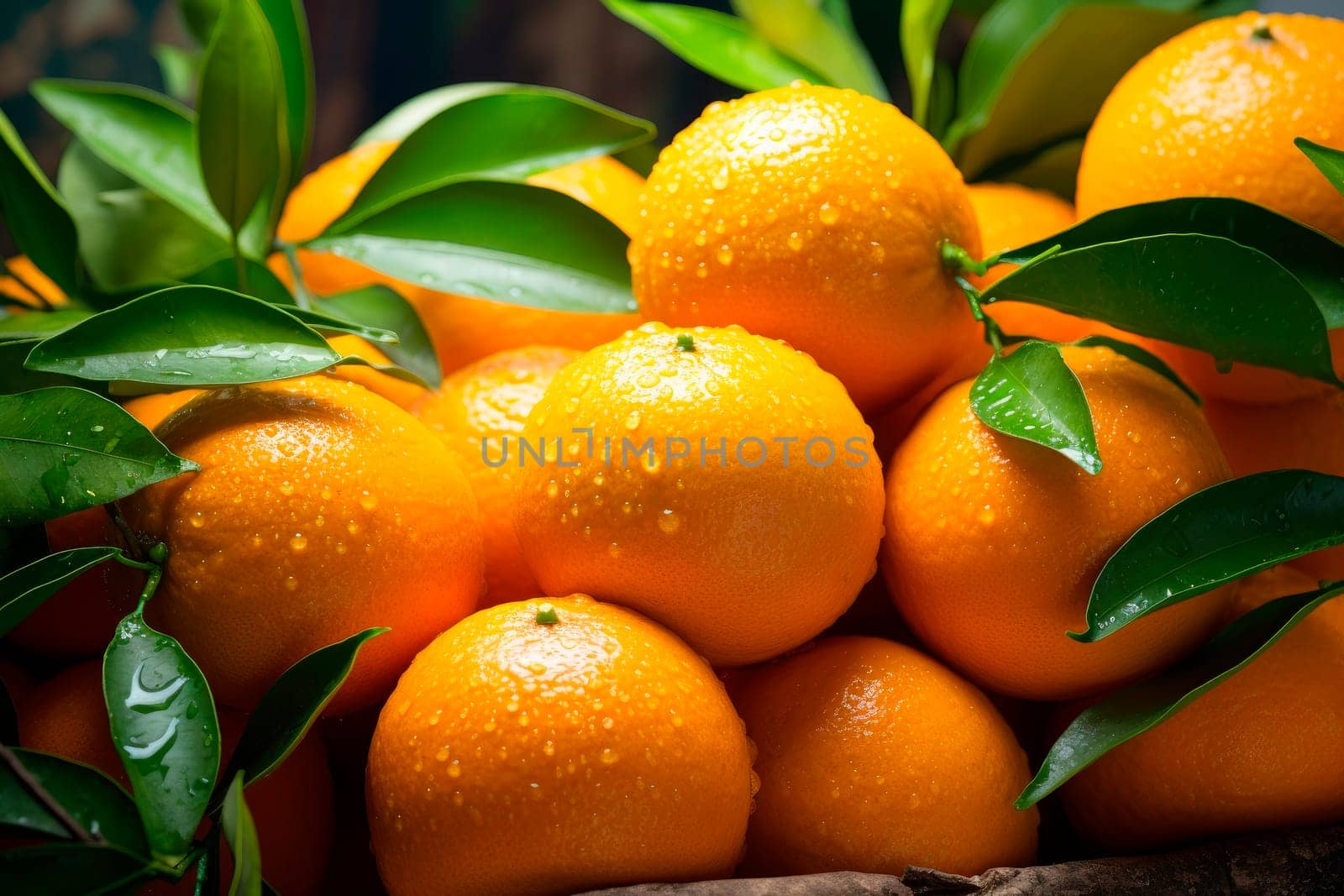 Close-up oranges with leaves and flowers. Pile of fresh orange fruits. AI generated