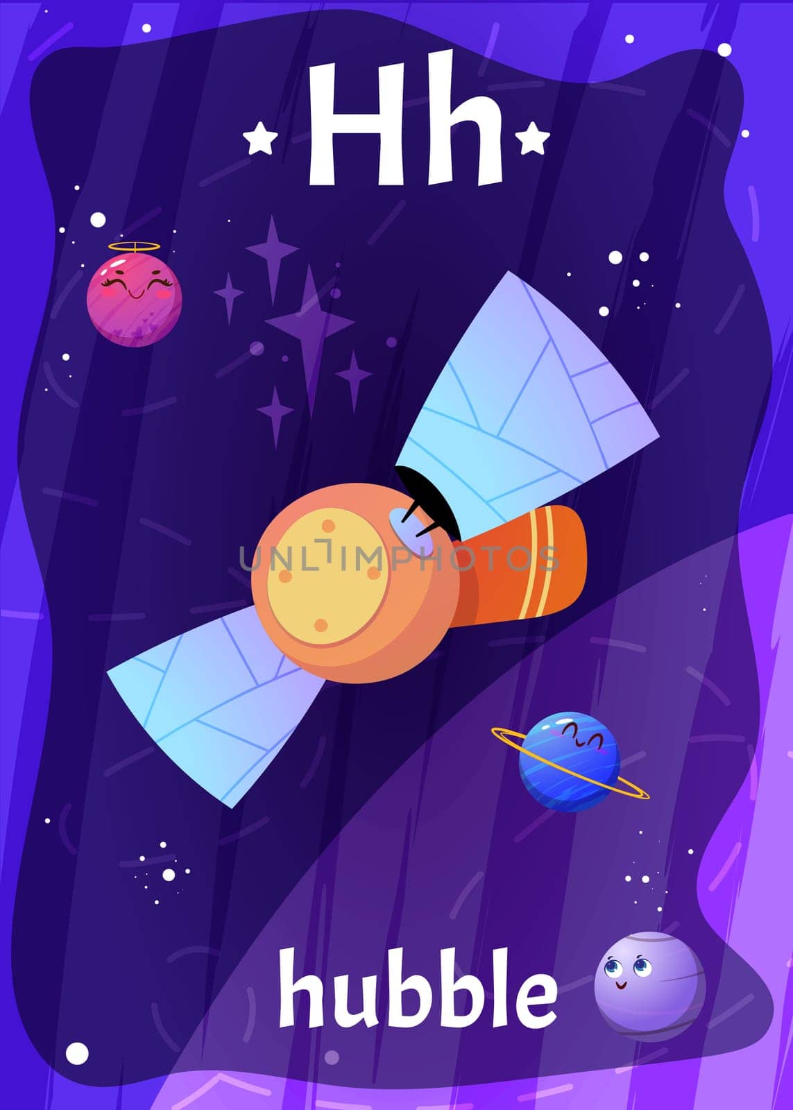 Printable space alphabet flashcard with letter H. Cartoon hubble space telescope, planets and english word on flash card for children education. Kid cards for teaching reading in kindergarten, school.