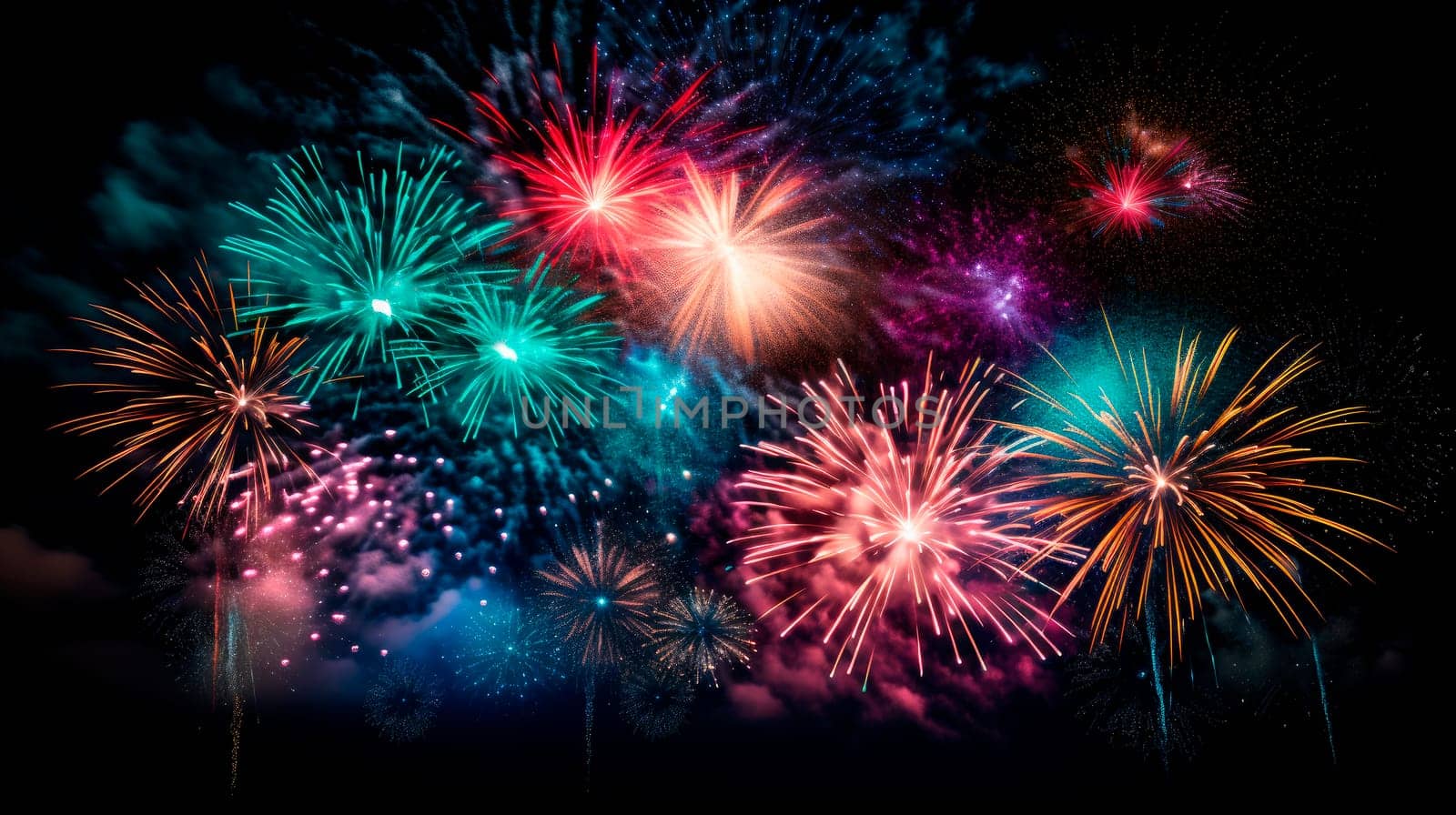 Beautiful sparkling color fireworks on a plain black background. Colorful holiday fireworks on a sky background.AI generated