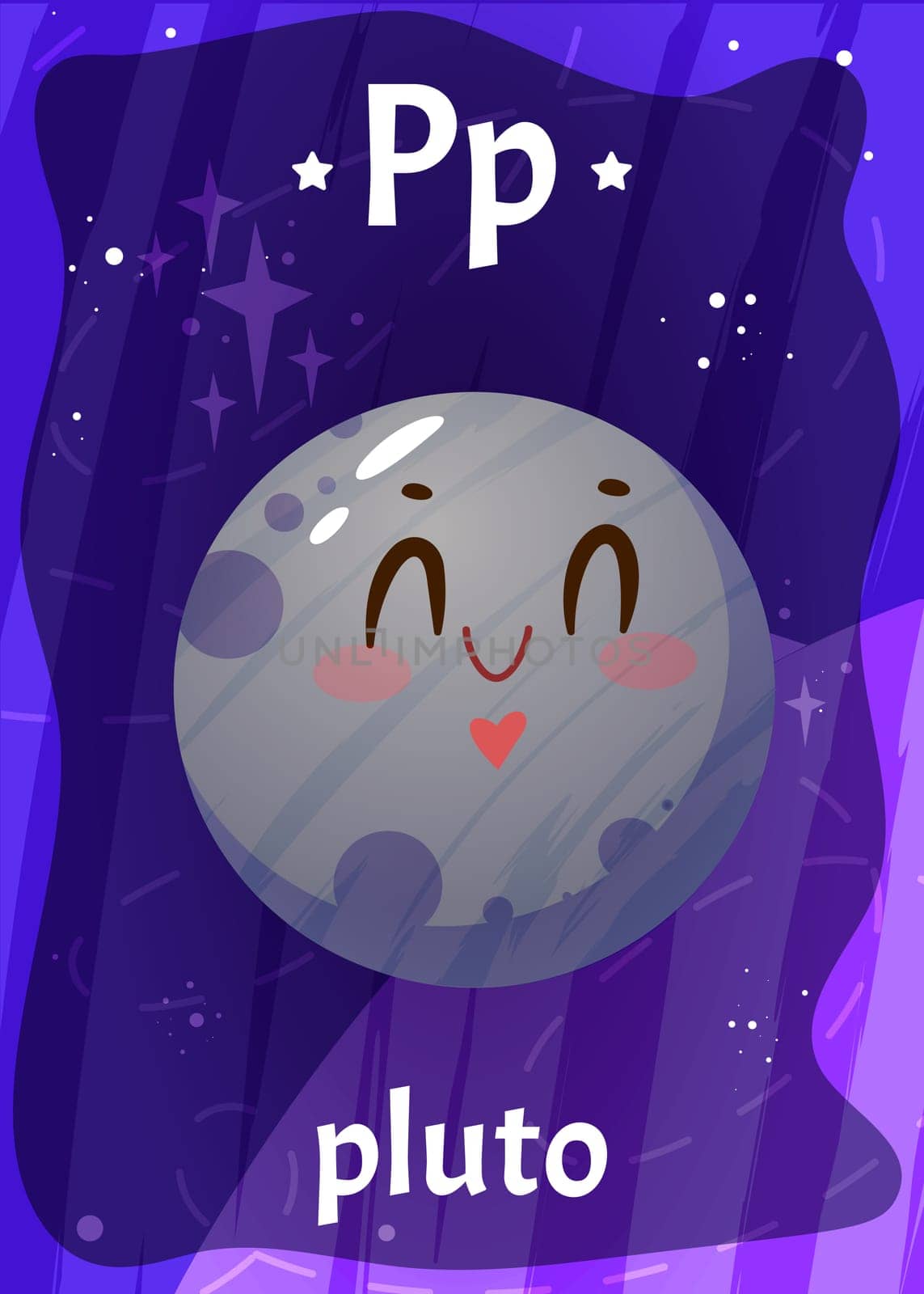 Printable space alphabet flashcard with letter P. Cartoon cute pluto planet in solar system and english word name on flash card for children education. Kid cards for teaching reading in primary school