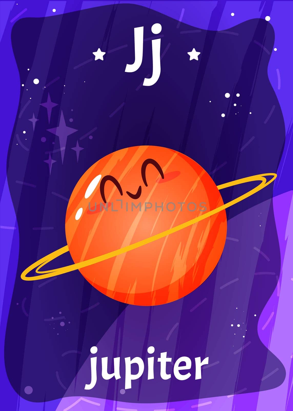 Printable space alphabet flashcard with letter J. Cartoon cute jupiter planet in solar system with english word on flash card for children education. Kid cards for teaching reading in kindergarten.