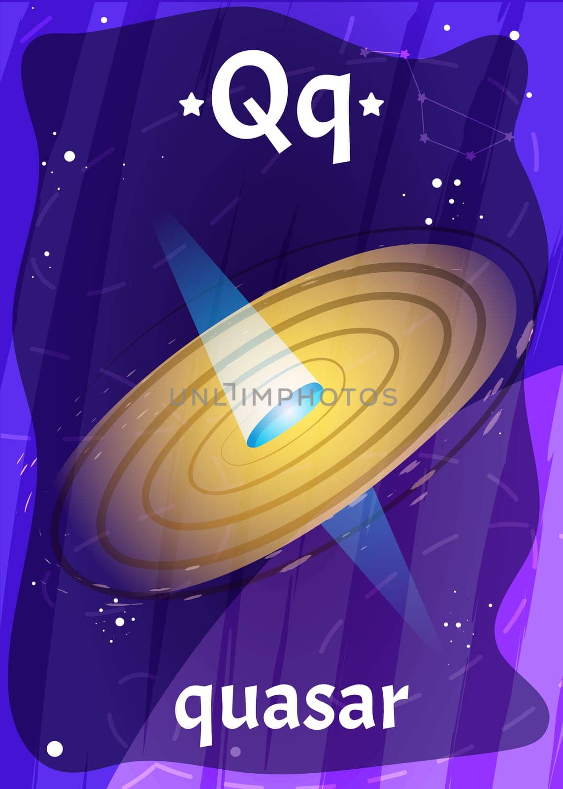 Printable space alphabet flashcard with letter Q. Cartoon quasar or black hole with english word on flash card for children education. Kid cards for teaching reading in kindergarten or preschool.