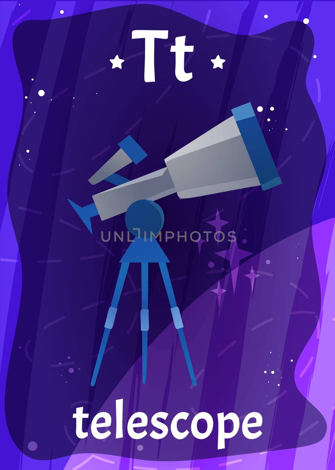 Printable space alphabet flashcard with letter T. Cartoon telescope with tripod and english word name on flash card for children education. Kid cards for teaching reading in preschool or kindergarten.