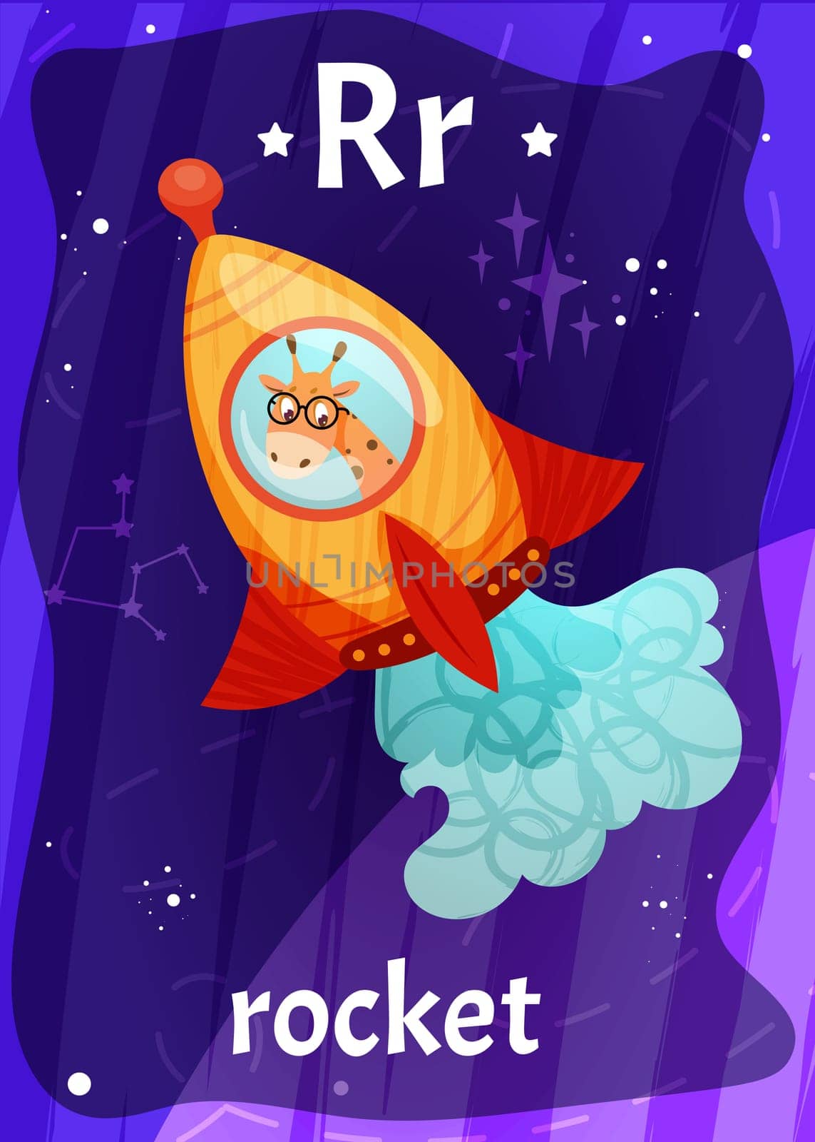 Printable space alphabet flashcard with letter R. Cartoon cute astronaut in rocket and english word name on flash card for children education. Kid cards for teaching reading in preschool, kindergarten