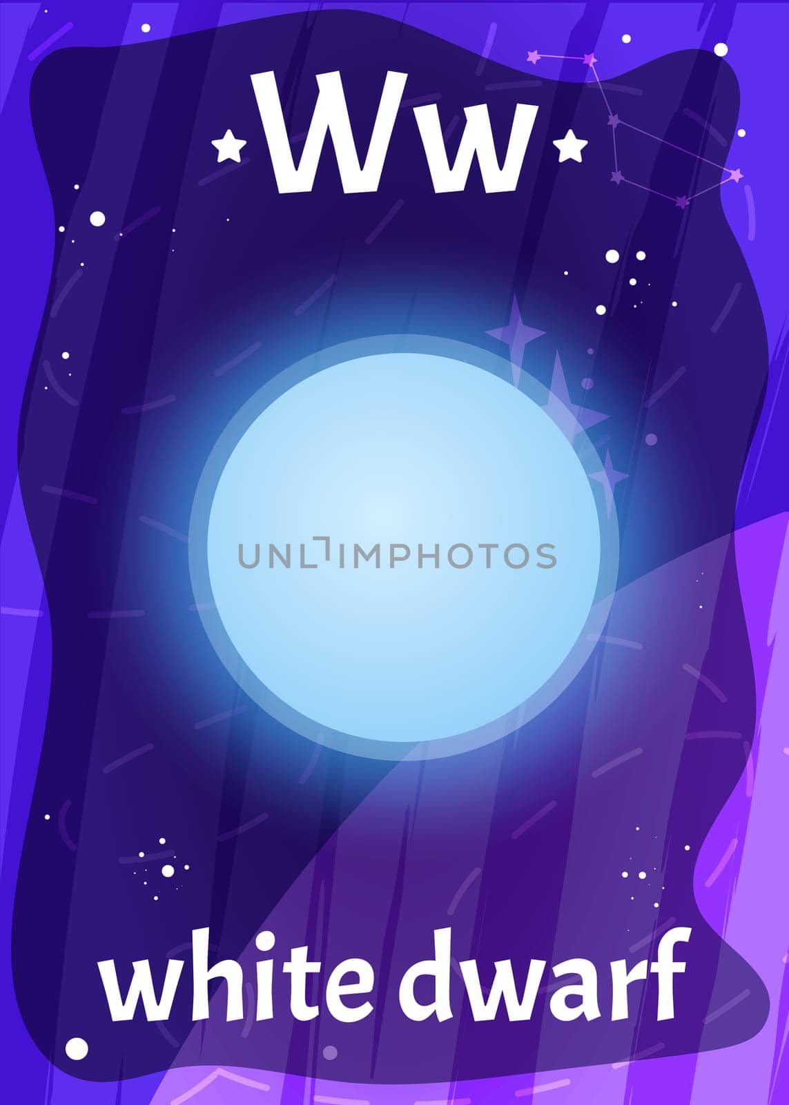 Printable space alphabet flashcard with letter W. Cartoon white dwarf in solar system with english word on flash card for children education. Kid cards for teaching reading in kindergarten or school.