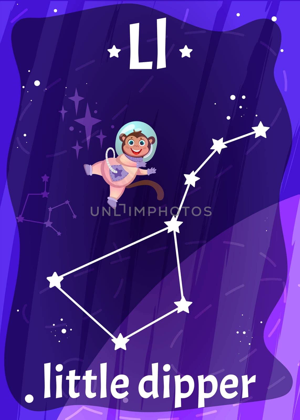 Printable space alphabet flash card with letter L. Cartoon little dipper, constellation ursa minor with english word name on flashcard for children education. Kid cards for teaching reading in school.
