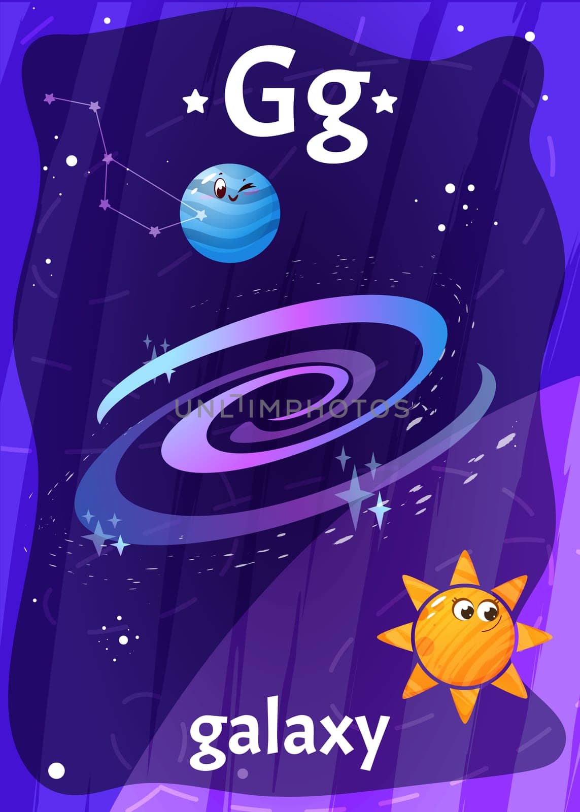 Printable space alphabet flashcard with letter G. Cartoon galaxy cosmic, planets and english word on flash card for children education. Kid cards for teaching reading in kindergarten or preschool.