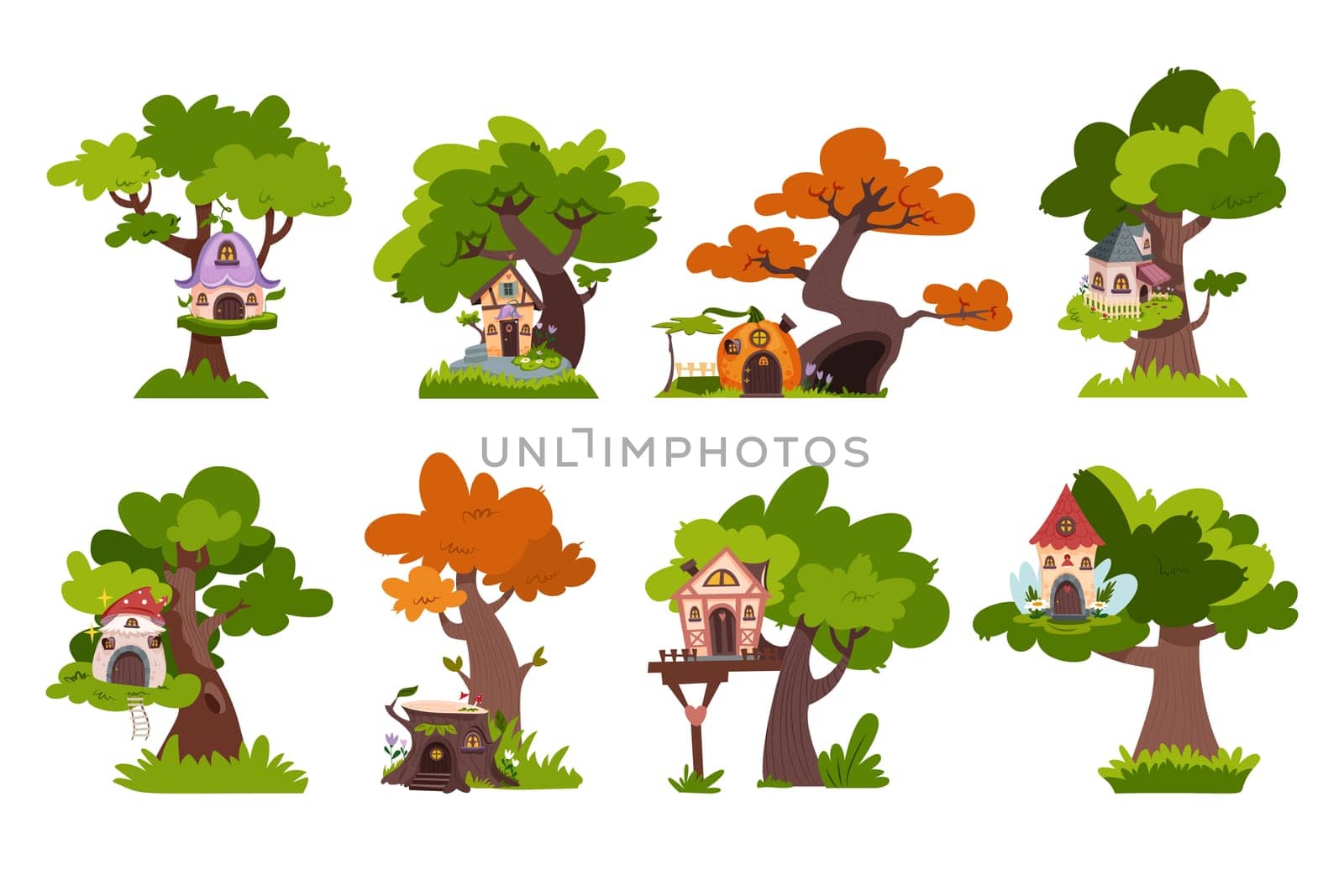 Cartoon fantasy tree houses for children fun games and activities. Fairytale treehouses with windows, doors for kids play. Forest buildings set of gnome, dwarf or elf isolated set on white background.