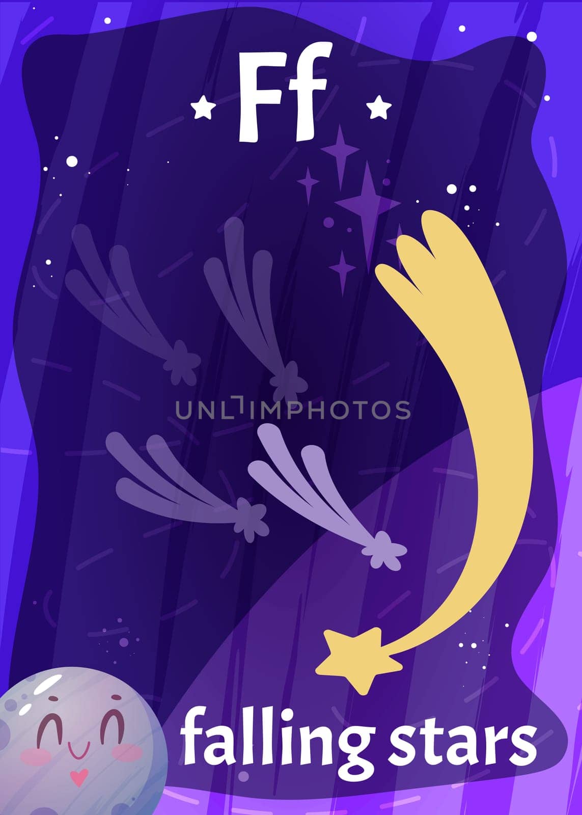 Printable space alphabet flashcard with letter F. Cartoon falling stars with english word on flash card for children education. Kid cards for teaching reading in kindergarten or elementary school.