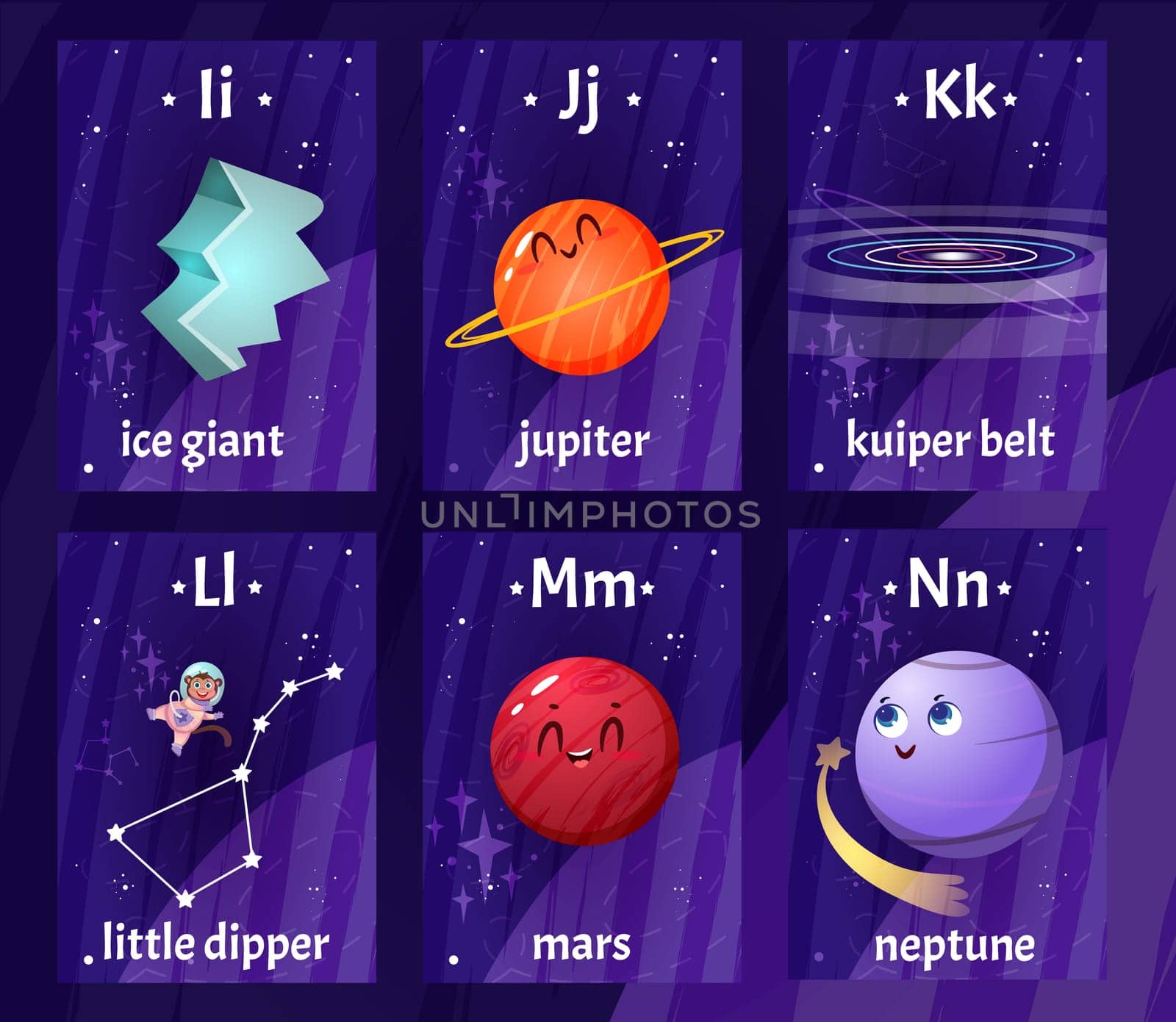 English alphabet flashcards with letters from I to N for children education. Printable kids flash cards with cartoon kuiper belt ring, planets and constellations for learning letters, words in school.