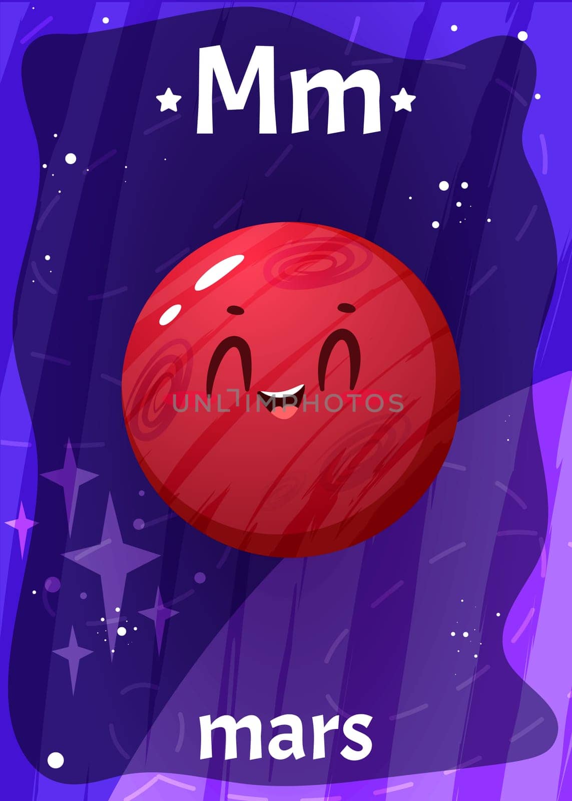 Printable space alphabet flashcard with letter M. Cartoon cute mars planet in solar system with english word name on flash card for children education. Kid cards for teaching reading in kindergarten.