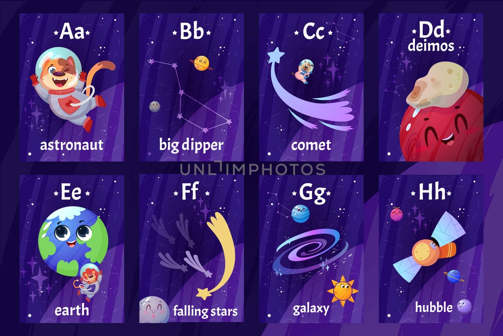English alphabet flashcards with letters from A to H for kids education. Printable flash cards with cartoon astronaut, planets, constellation, galaxy spaceship for learning letters and words in school