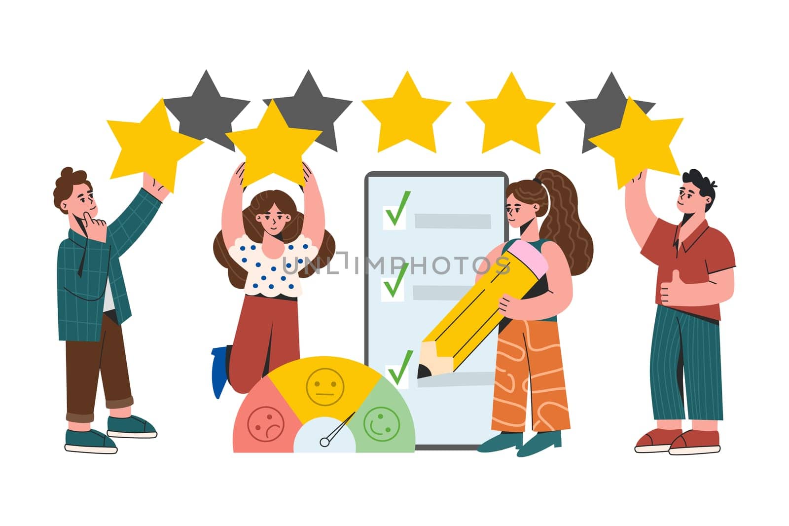 Customer feedback flat vector illustration. Online survey with questionnaire and emotions scale. People holding gold stars in hands and leaving positive review. Client satisfaction level, evaluation.