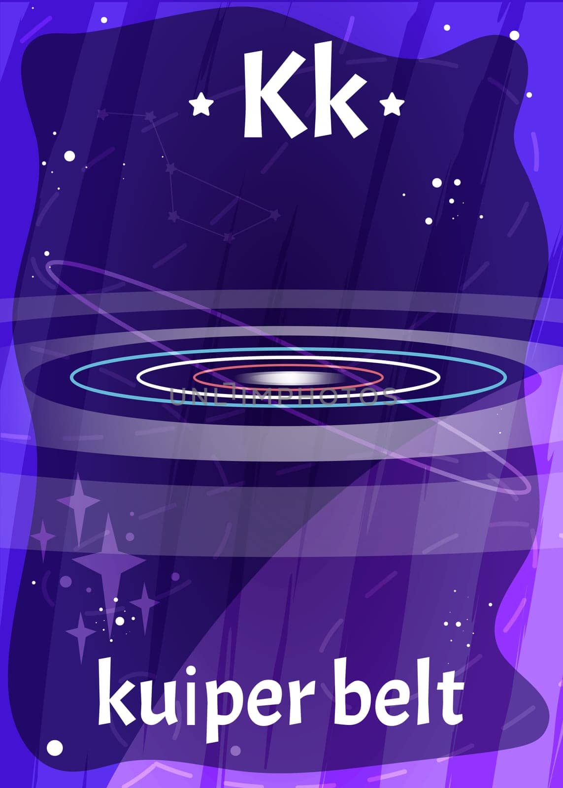 Printable space alphabet flashcard with letter K. Cartoon kuiper belt in solar system with english word on flash card for children education. Kid cards for teaching reading in kindergarten or school.