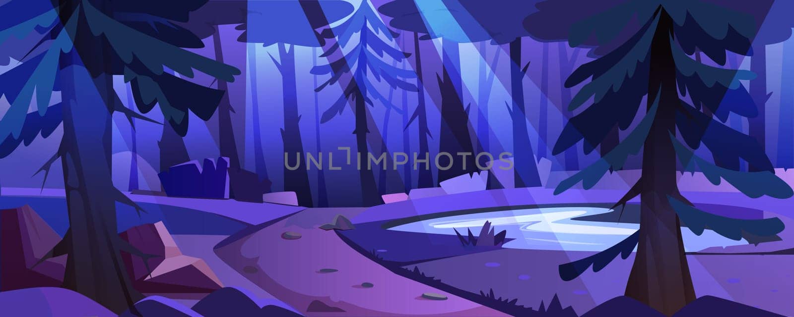 Forest landscape with pond, trees, bushes, footpath with stones in moonlight. Night nature scene with lake, path and moon rays. Vector cartoon illustration of dark natural park with glade and water.