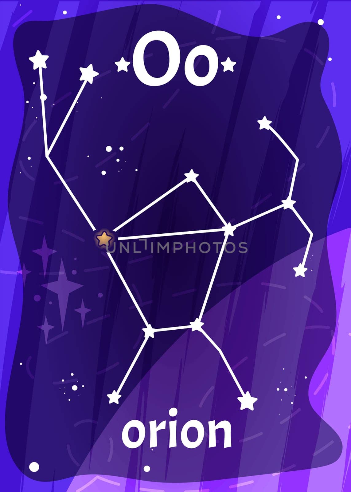Printable space alphabet flash card with letter O. Cartoon stars in Orion constellation with english word name on flashcard for children education. Kid cards for teaching reading in kindergarten.